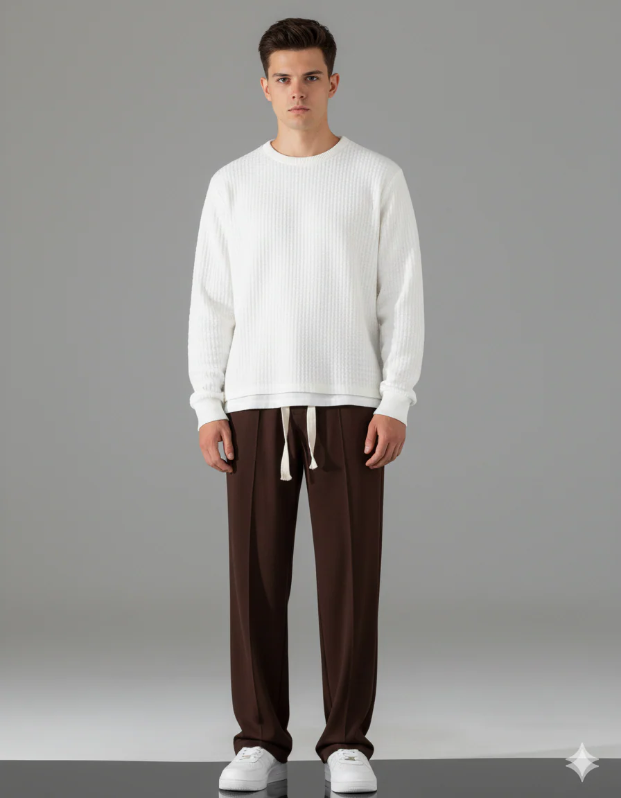 Korean fit Pleated Pant with Drawstring: Brown - Image 3