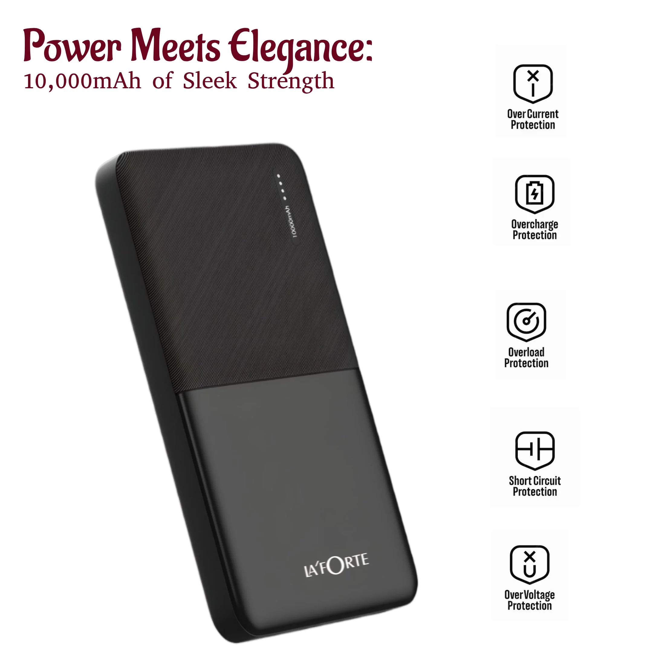LA' FORTE 10000mAh 12W Lithium-Polymer Power Bank | Dual Input, Dual Output | Black, Type-C Cable Included - Image 5