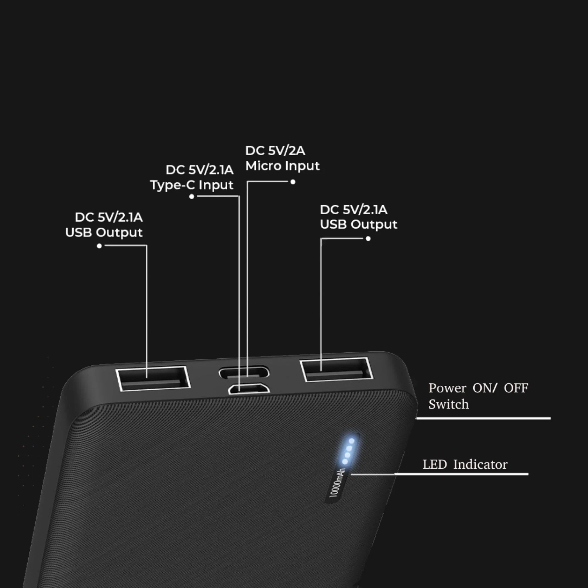 LA' FORTE 10000mAh 12W Lithium-Polymer Power Bank | Dual Input, Dual Output | Black, Type-C Cable Included - Image 6