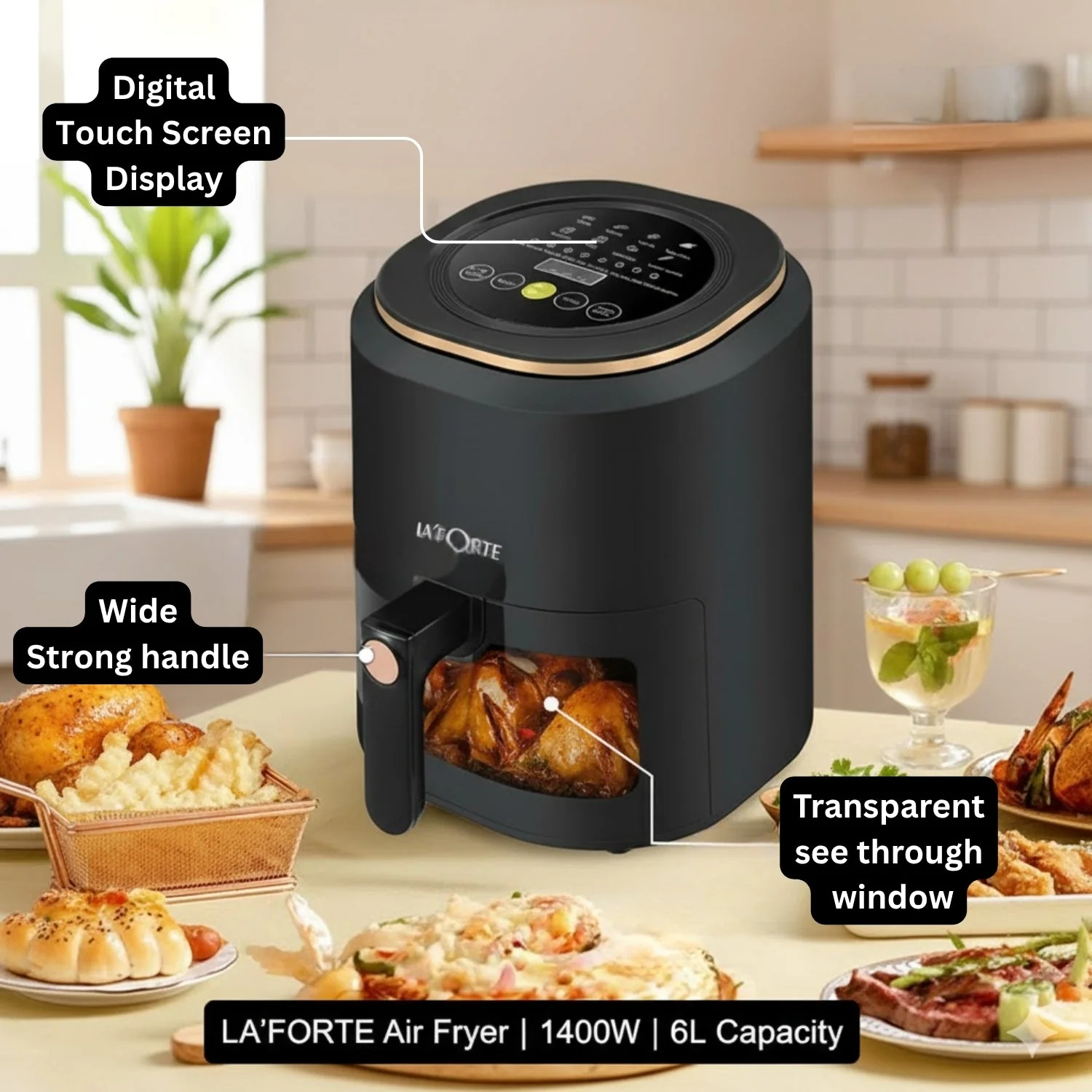 La’FORTE 1400W Digital Air Fryer – 6 Litre XL Capacity | Touch Control Panel | See-Through Window | Oil-Free Frying for Fries, Samosa, Chicken, Paneer & More | Smart Hot Air Circulation Technology | Black & Copper Finish - Image 5