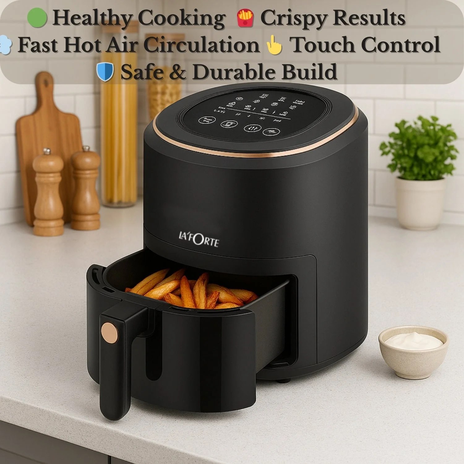 La’FORTE 1400W Digital Air Fryer – 6 Litre XL Capacity | Touch Control Panel | See-Through Window | Oil-Free Frying for Fries, Samosa, Chicken, Paneer & More | Smart Hot Air Circulation Technology | Black & Copper Finish - Image 7