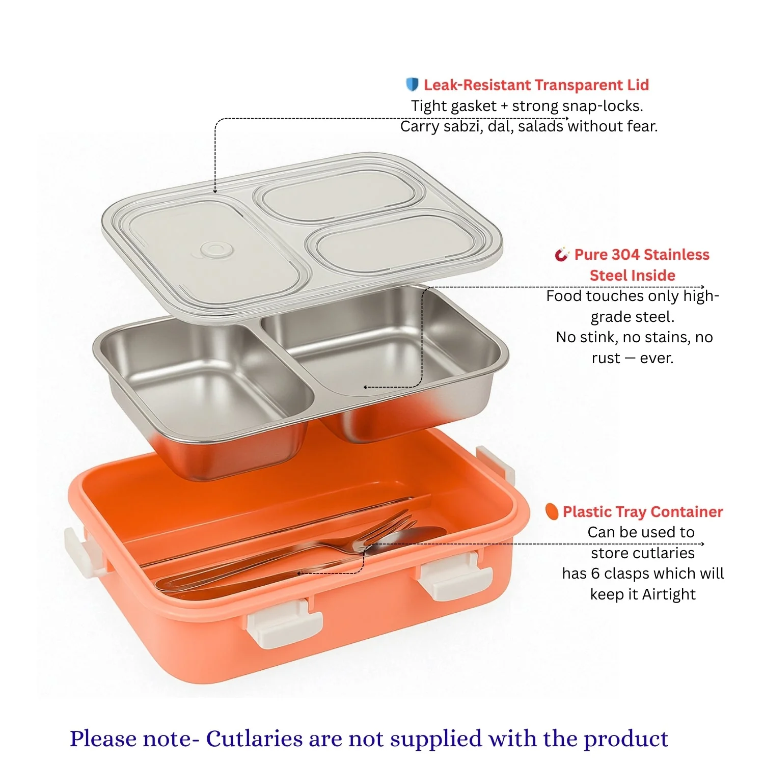 LA’ FORTE 304 Steel Bento Box (900 ml) | 3 Sections | Leak-Proof | Hygienic, Rust-Free | Microwave-Friendly Tiffin for Kids & Adults - Image 10
