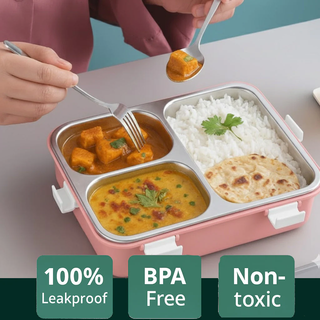 LA’ FORTE 304 Steel Bento Box (900 ml) | 3 Sections | Leak-Proof | Hygienic, Rust-Free | Microwave-Friendly Tiffin for Kids & Adults - Image 2