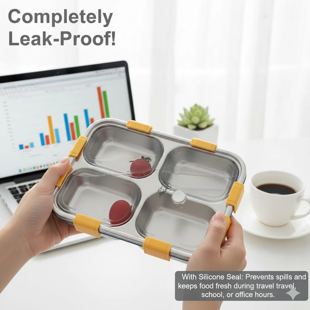 LA’ FORTE 304 Steel Bento Box (900 ml) | 3 Sections | Leak-Proof | Hygienic, Rust-Free | Microwave-Friendly Tiffin for Kids & Adults - Image 3