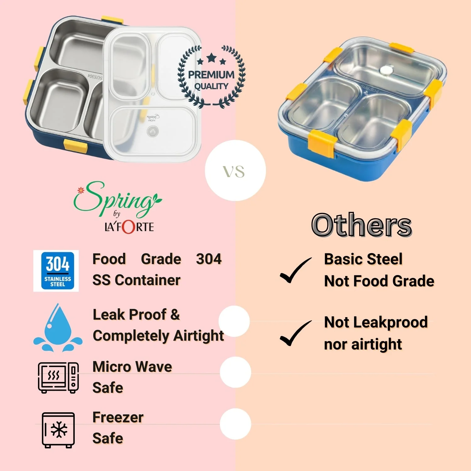 LA’ FORTE 304 Steel Bento Box (900 ml) | 3 Sections | Leak-Proof | Hygienic, Rust-Free | Microwave-Friendly Tiffin for Kids & Adults - Image 9
