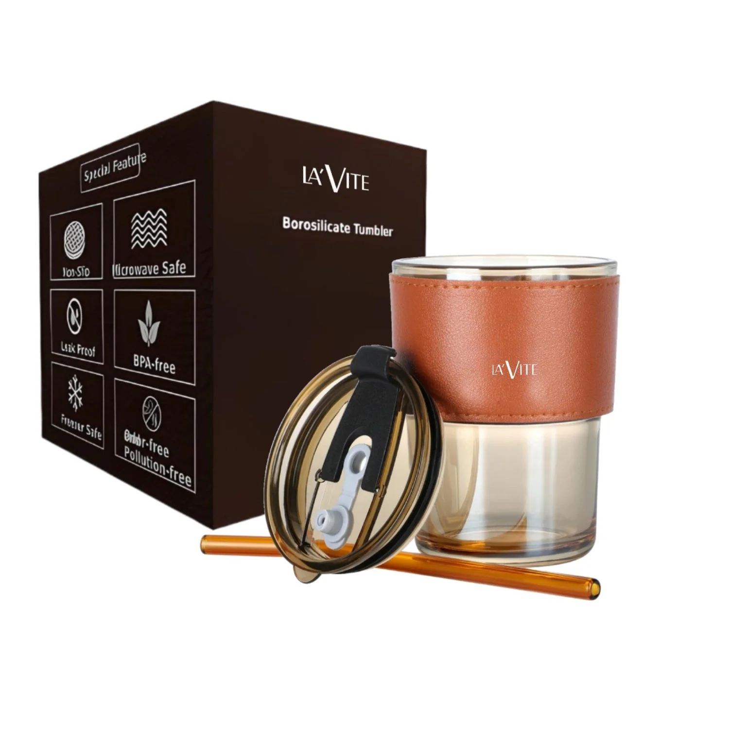 LA' FORTE  Borosilicate Glass Tumbler | Leak-Proof Travel Cup | Glass Straw & Leather Jacket | Hot & Cold Beverages | Dual Drinking Mode - Sip & Straw - Image 10