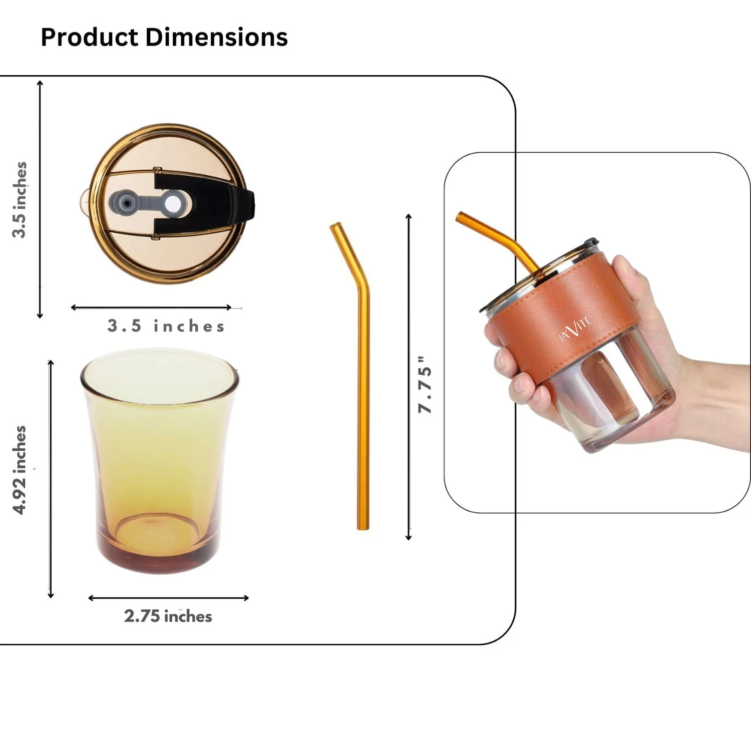 LA' FORTE  Borosilicate Glass Tumbler | Leak-Proof Travel Cup | Glass Straw & Leather Jacket | Hot & Cold Beverages | Dual Drinking Mode - Sip & Straw - Image 11
