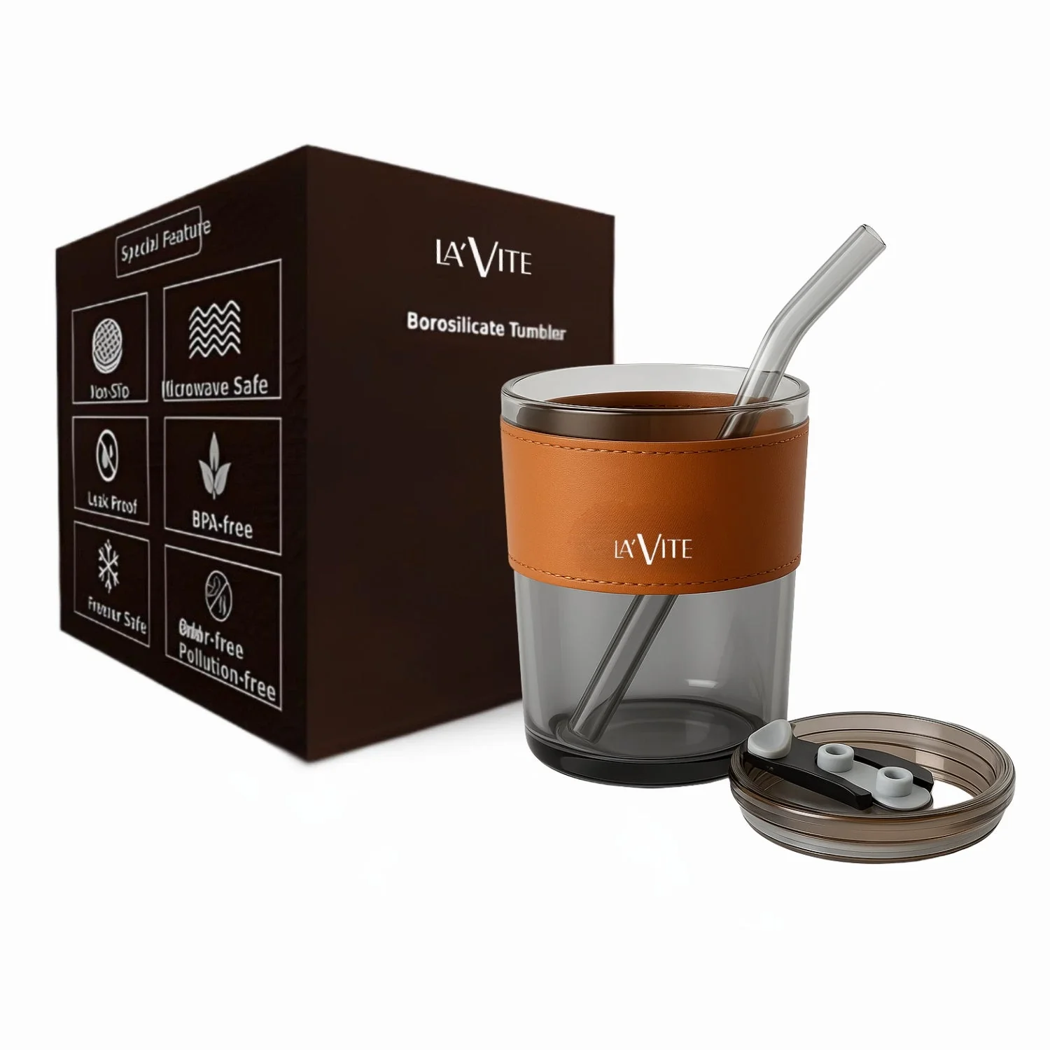 LA' FORTE  Borosilicate Glass Tumbler | Leak-Proof Travel Cup | Glass Straw & Leather Jacket | Hot & Cold Beverages | Dual Drinking Mode - Sip & Straw - Image 7
