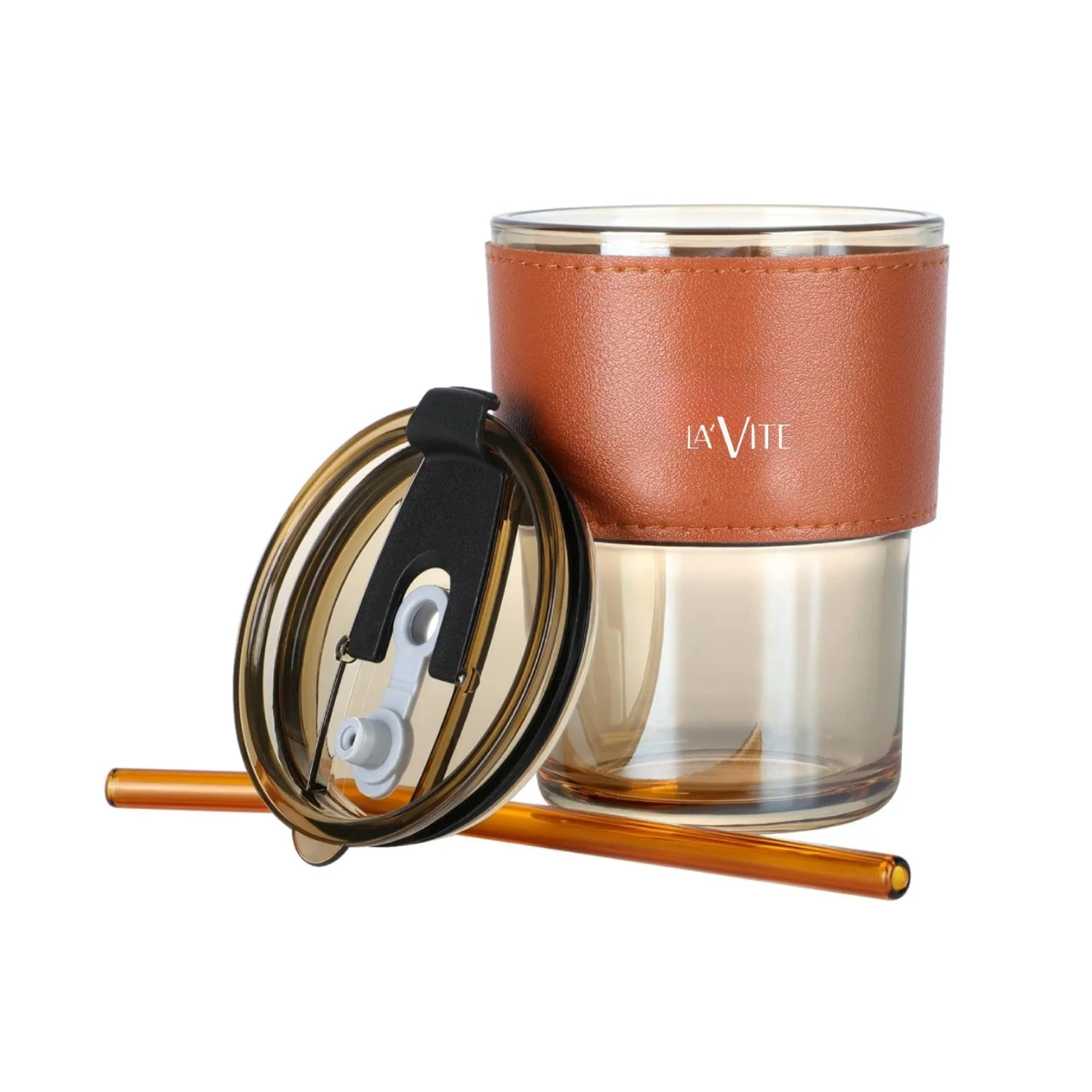 LA' FORTE  Borosilicate Glass Tumbler | Leak-Proof Travel Cup | Glass Straw & Leather Jacket | Hot & Cold Beverages | Dual Drinking Mode - Sip & Straw - Image 9