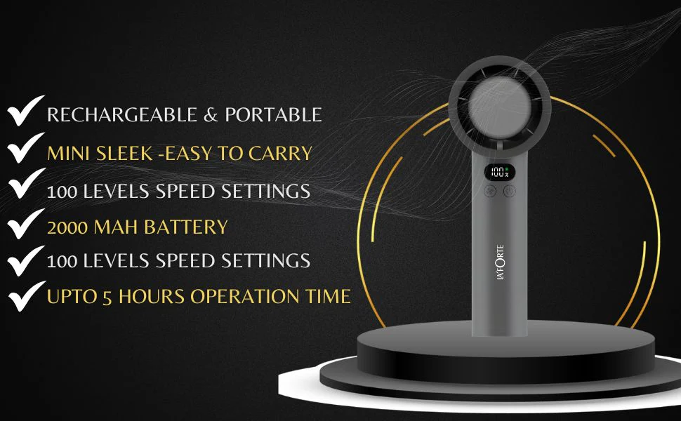 LA' FORTE Fairy Flow Mini Fan | 100 Speed Levels | Digital Display | USB-C Rechargeable | Portable & Compact | Gray - Image 9