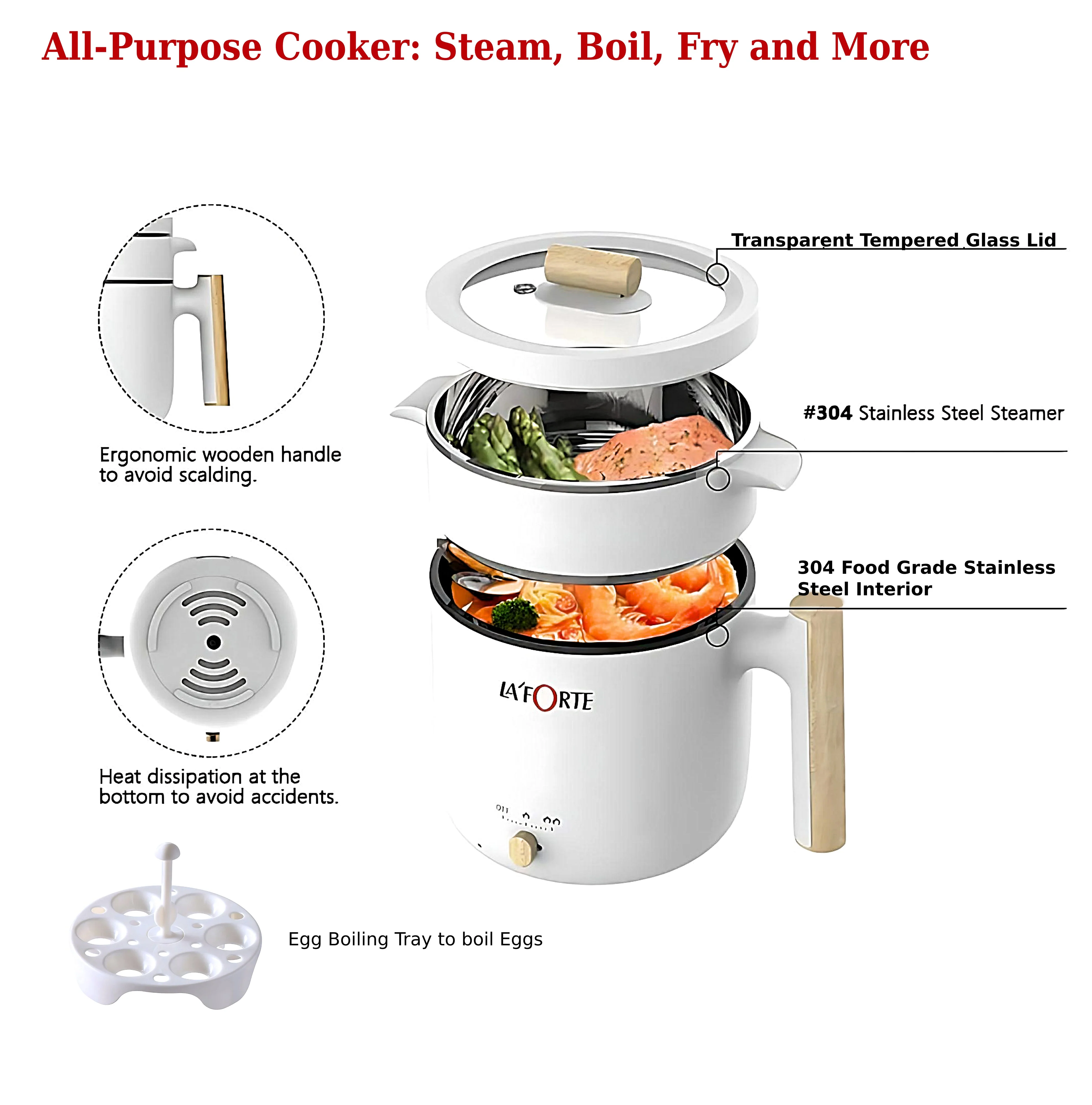LA' FORTE Multi Cook kettle with Steamer and Egg Boiling Tray Food Grade 304 SS Interior, Double Wall Cool Touch - Image 5