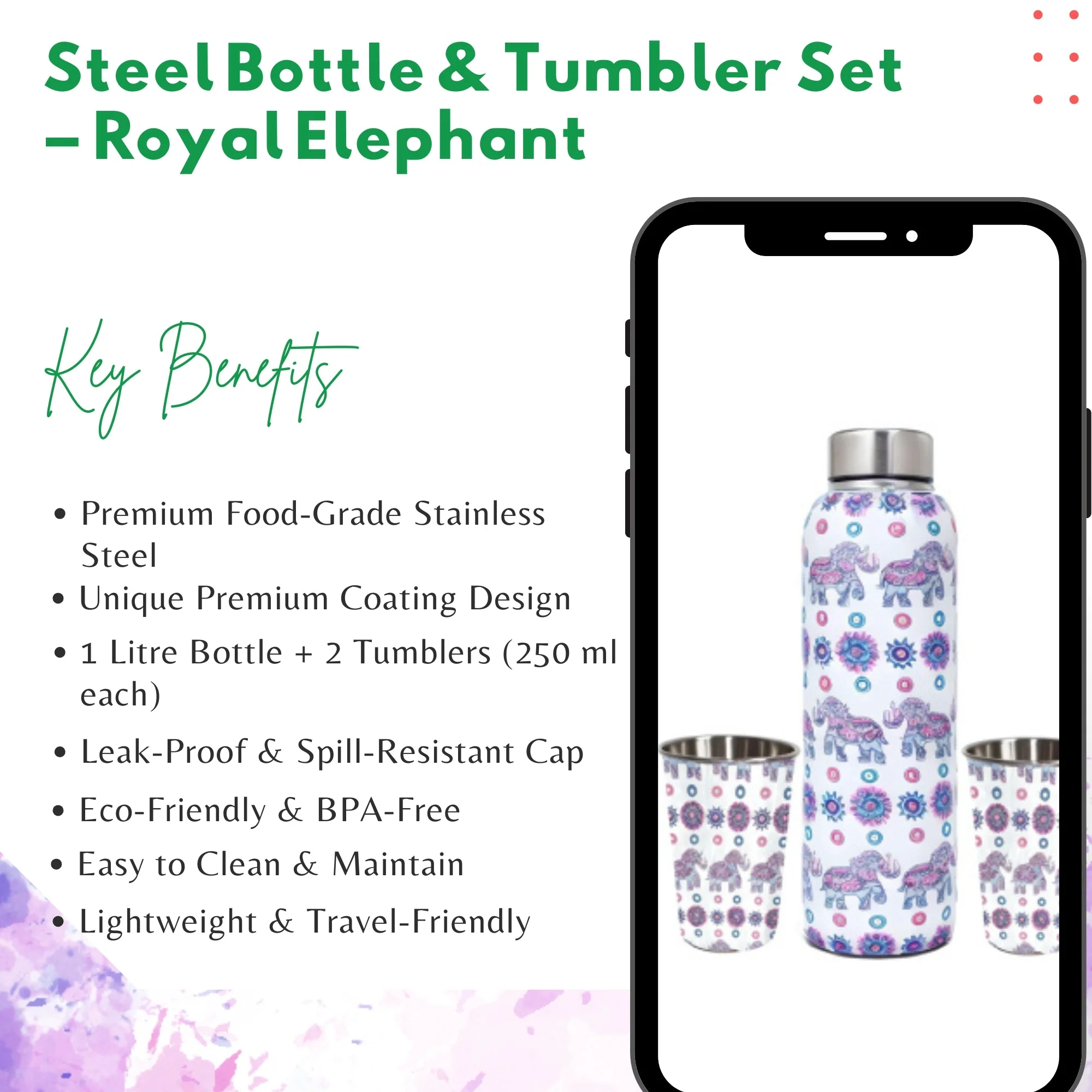 LA' FORTE Premium Stainless Steel Bottle & 02 Tumbler Set ( Water Bottle X 1000 ml ; 02 Glasses X 250 ml each) - Image 7