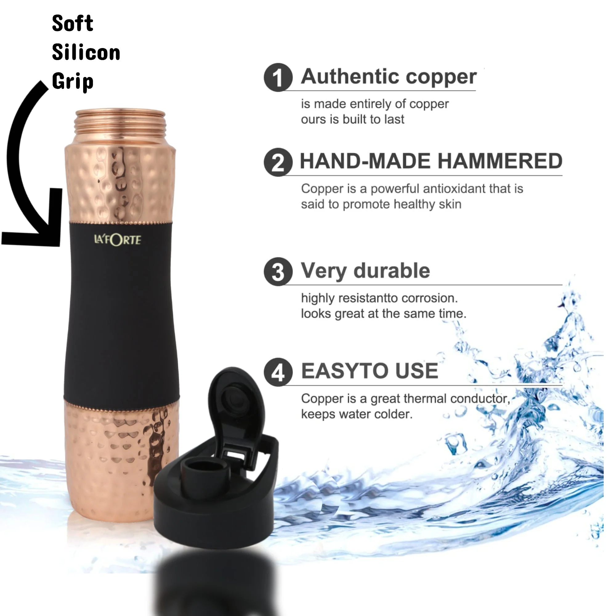 LA' FORTE Pure Copper Water Bottle with Shaker Lid - Image 3