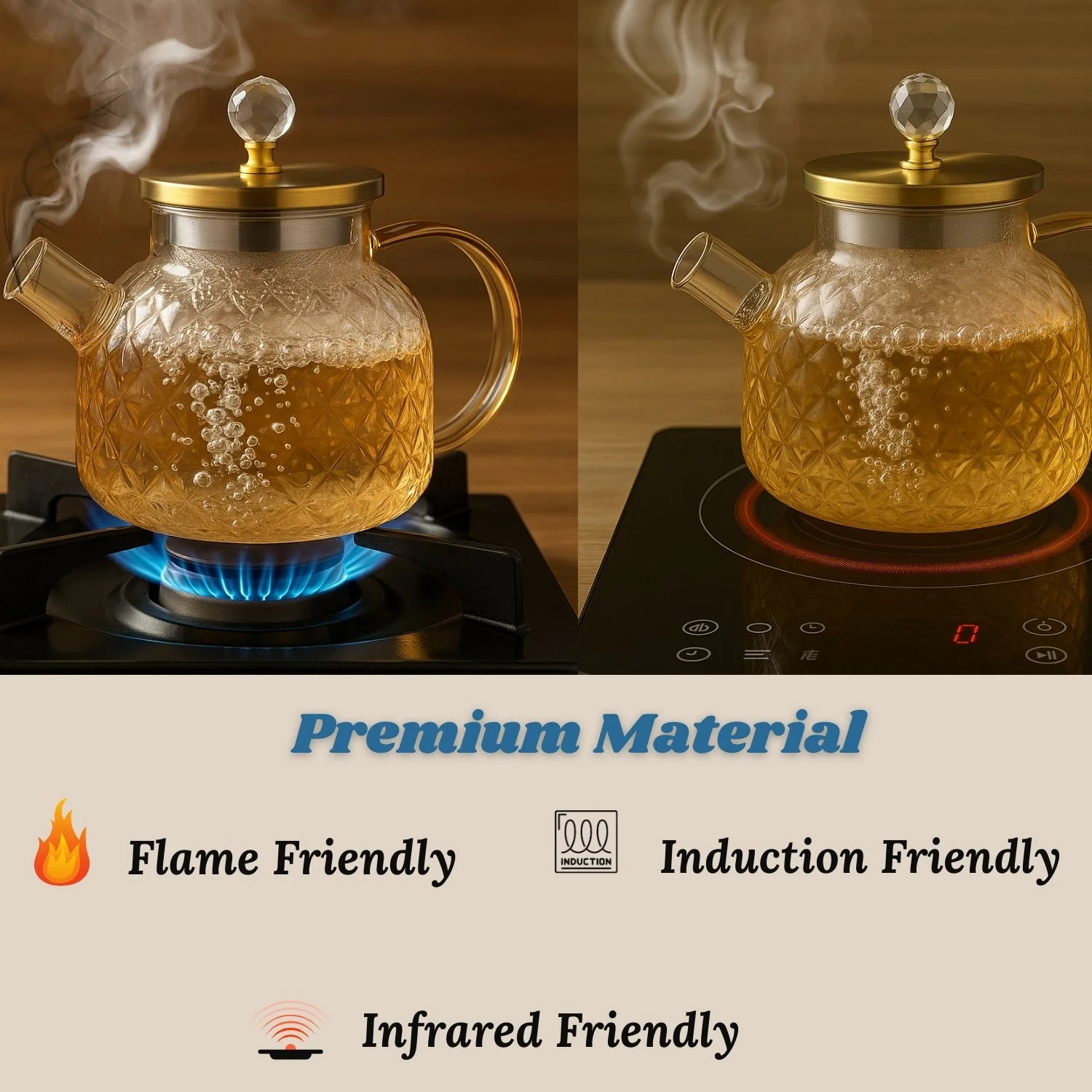 LA' VITE 1L Borosilicate Glass Kettle – Heat-Proof | Golden Stainless Steel Lid | Crystal Knob | 304 SS Strainer | Flame, Induction & Microwave Safe - Image 2