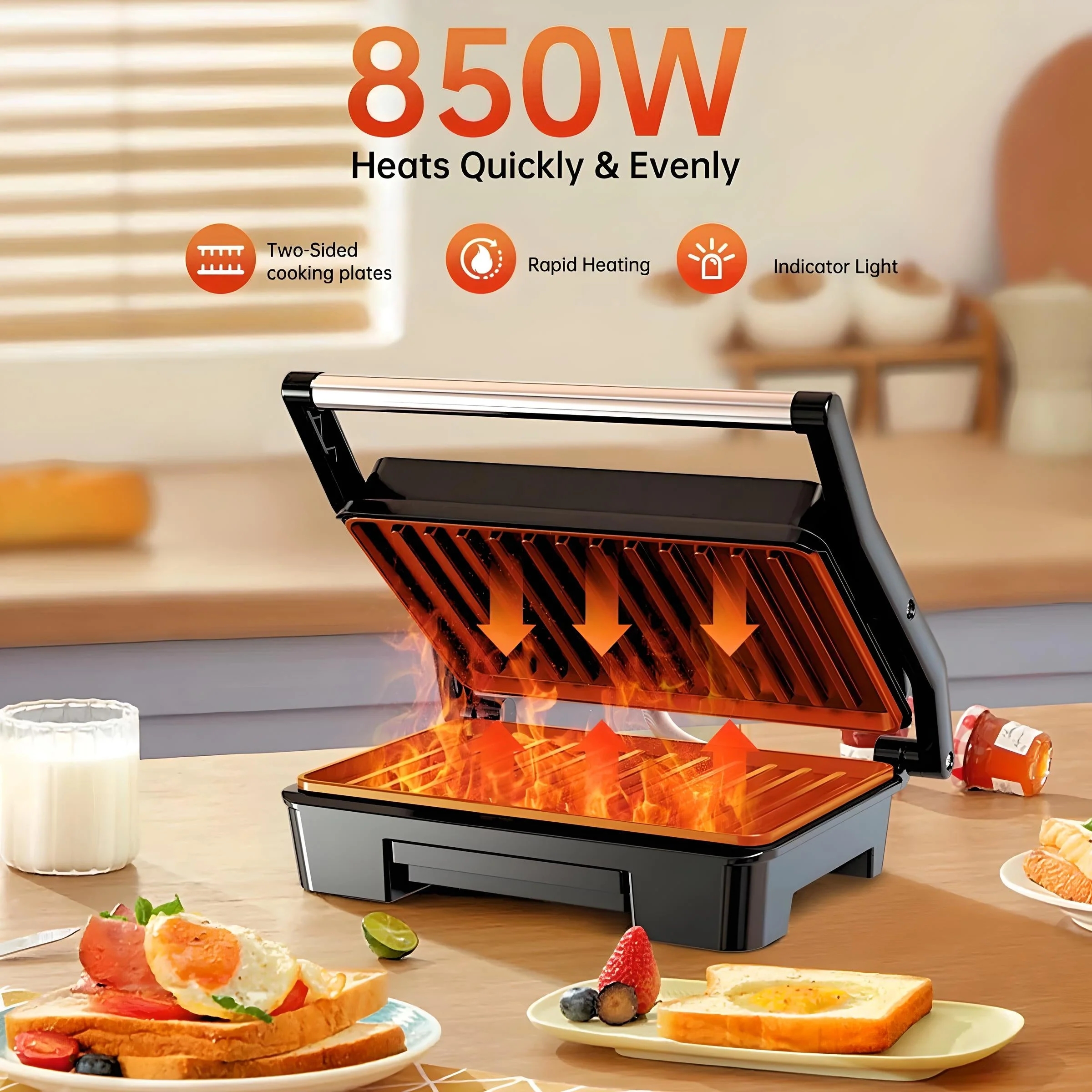 LA' VITE Heavy Duty Panini Grill Sandwich 850W Grill (Silver, Black) - Image 7
