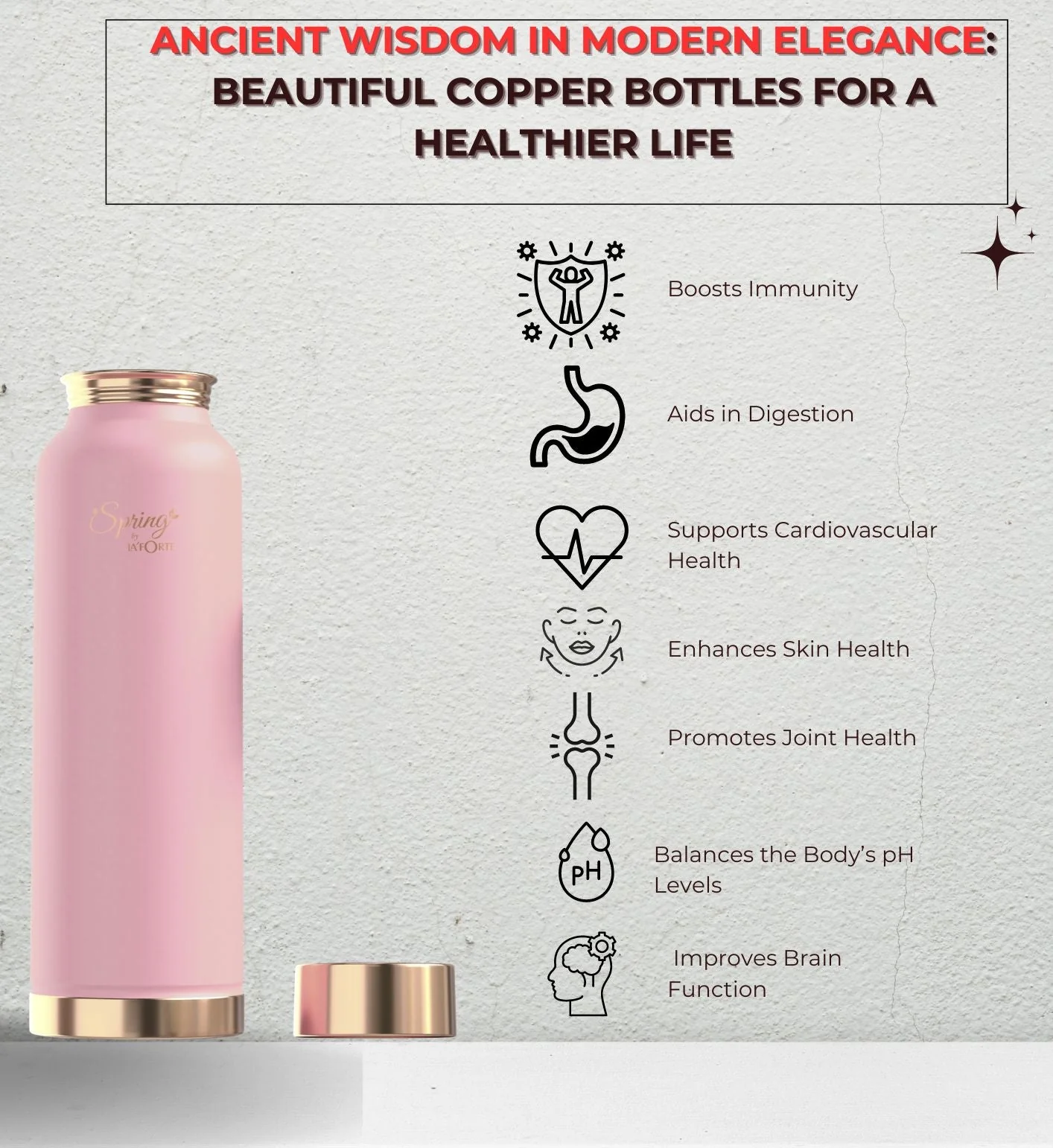 LA'FORTE Copper Water Bottle, Pure, 1000 ml (Apricot) - Image 5