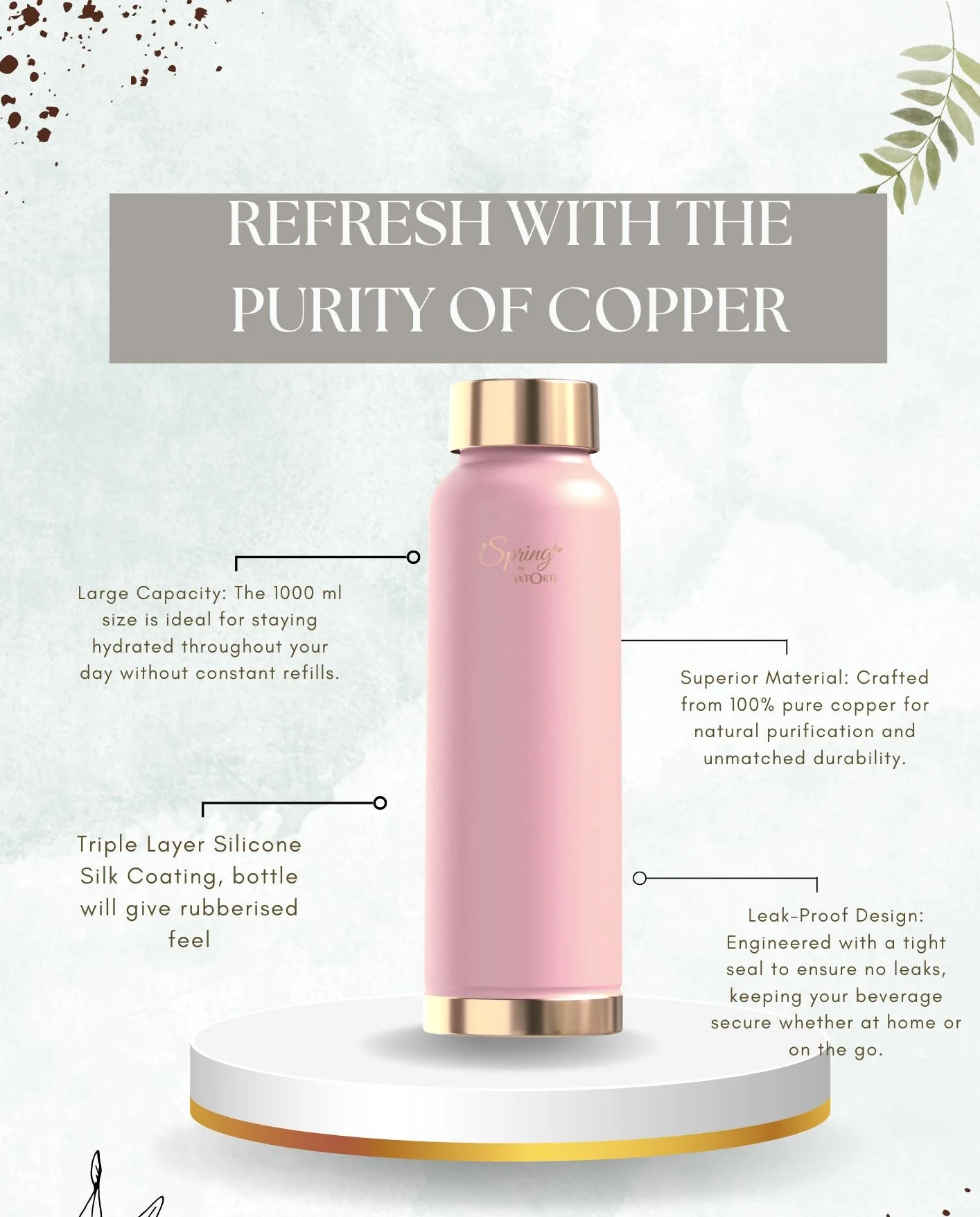 LA'FORTE Copper Water Bottle, Pure, 1000 ml (Apricot) - Image 6