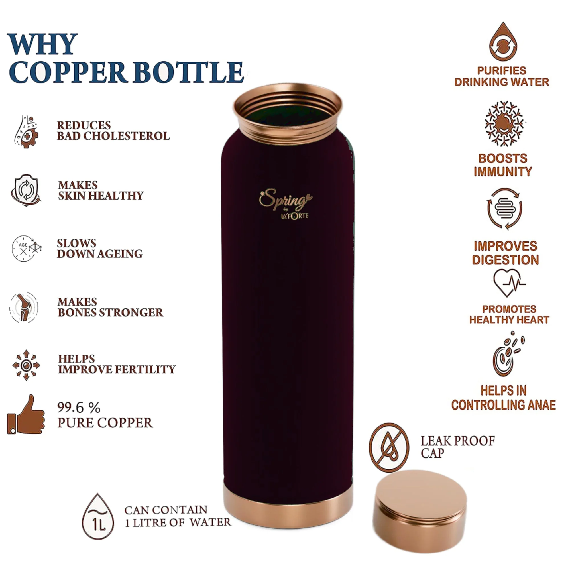 LA'FORTE Copper Water Bottle, Pure, 1000 ml Coffee Black - Image 5