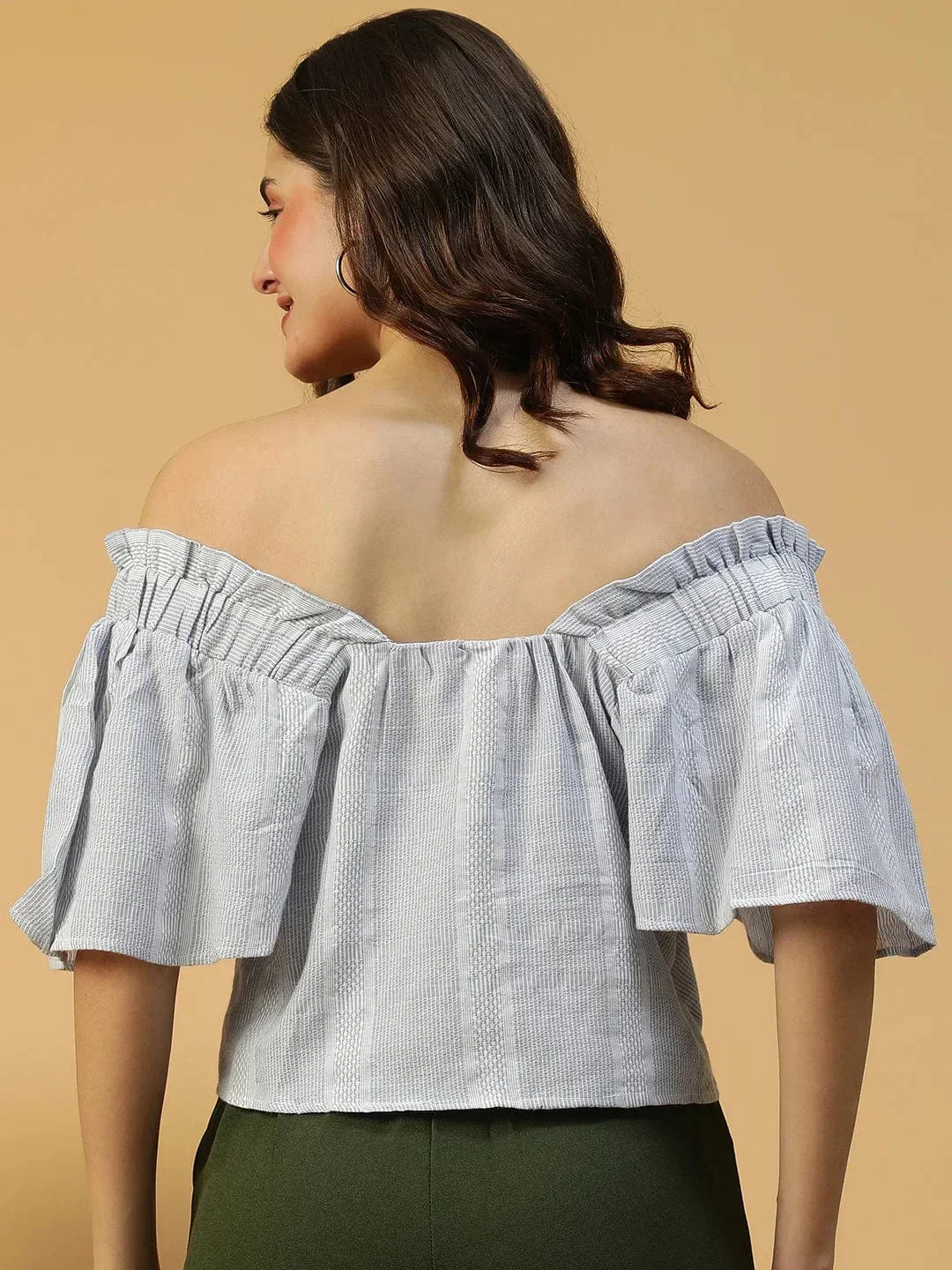 Latest Blue Stripe Print Short Sleeve Off-Shoulder Women Cotton Crop Top - Image 5