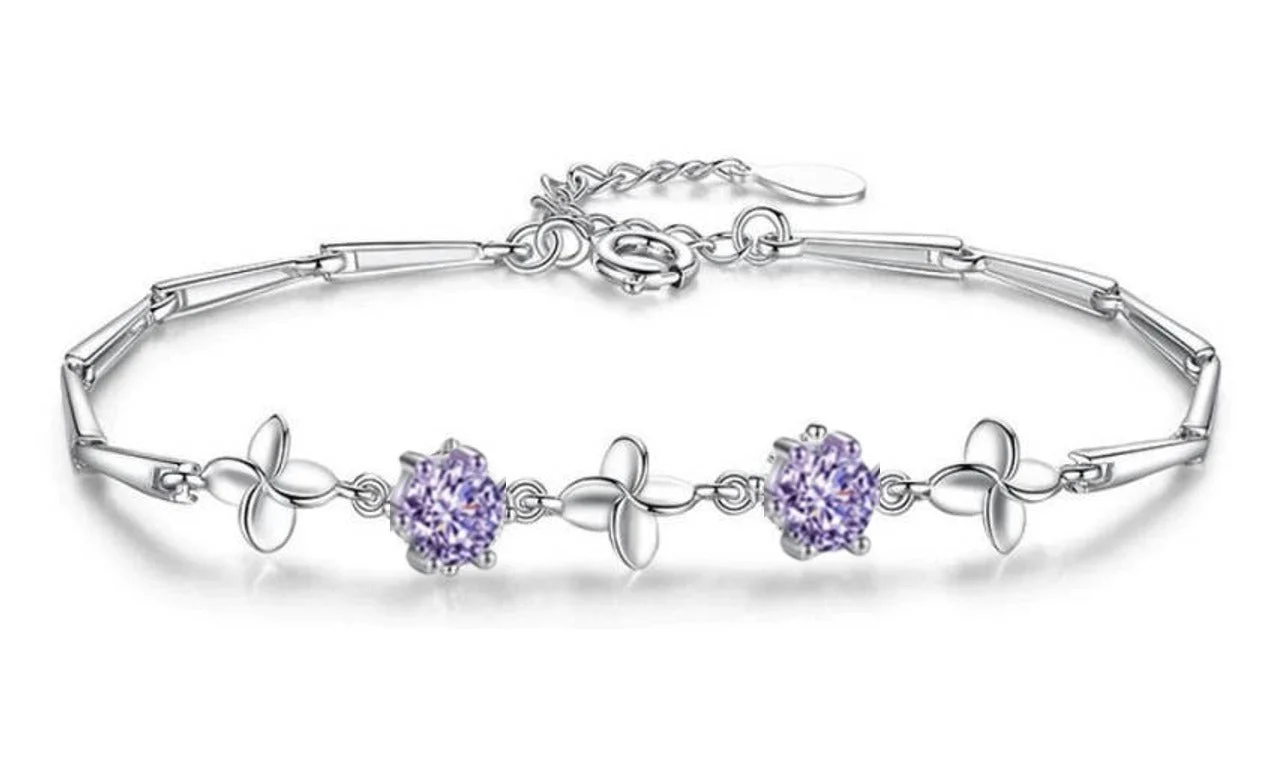 Latest Stylish Silver Plated Cubic Zirconia Clover Shaper Charm Bracelet For Women, Gifts For Girlfriend, Women & Girls (Purple)