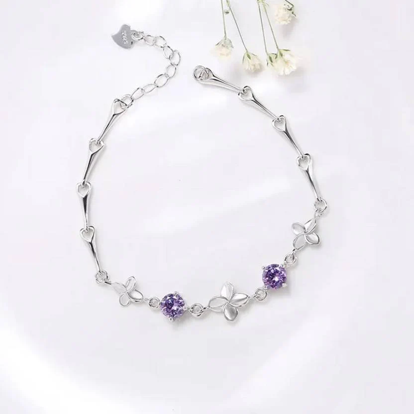 Latest Stylish Silver Plated Cubic Zirconia Clover Shaper Charm Bracelet For Women, Gifts For Girlfriend, Women & Girls (Purple) - Image 3