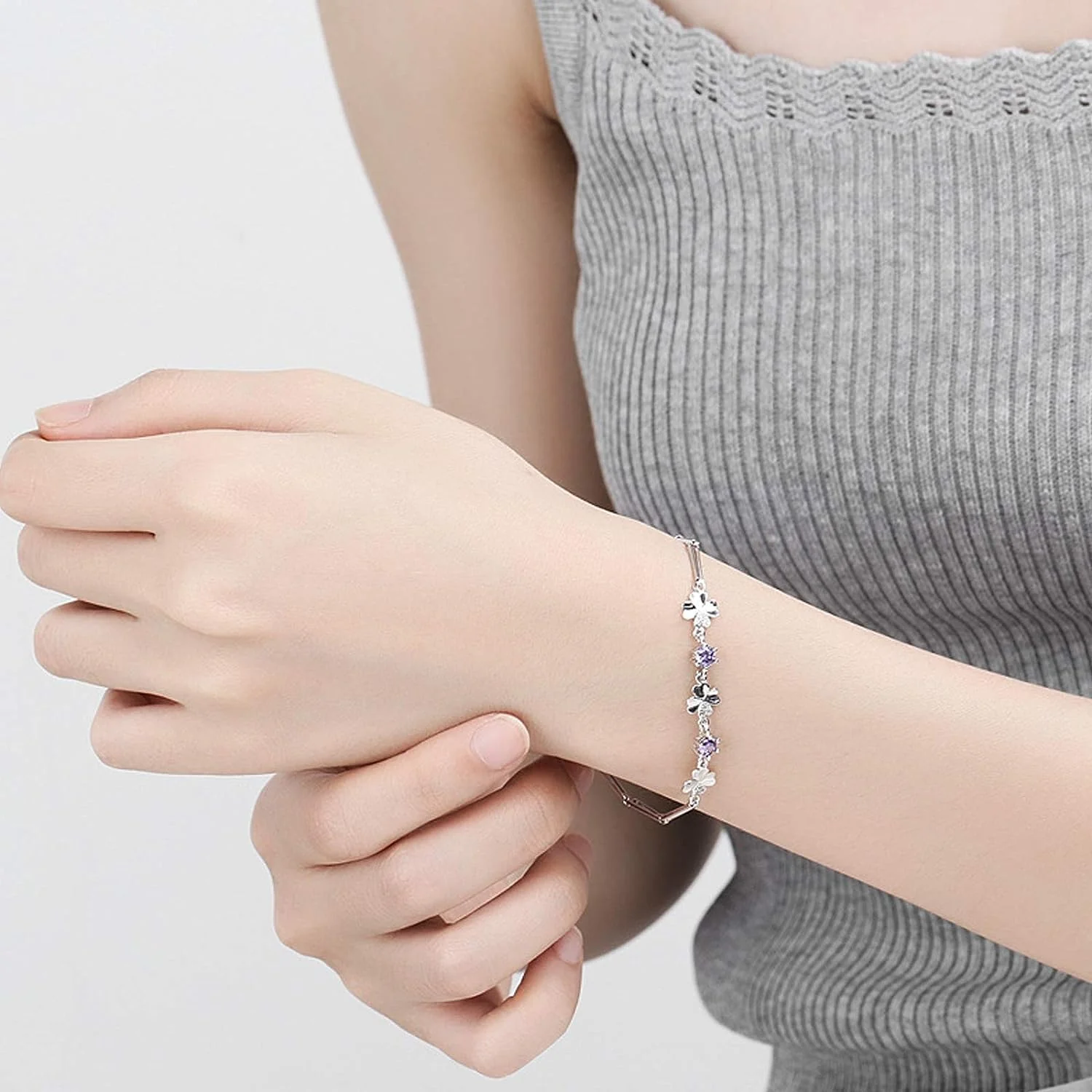 Latest Stylish Silver Plated Cubic Zirconia Clover Shaper Charm Bracelet For Women, Gifts For Girlfriend, Women & Girls (Purple) - Image 4