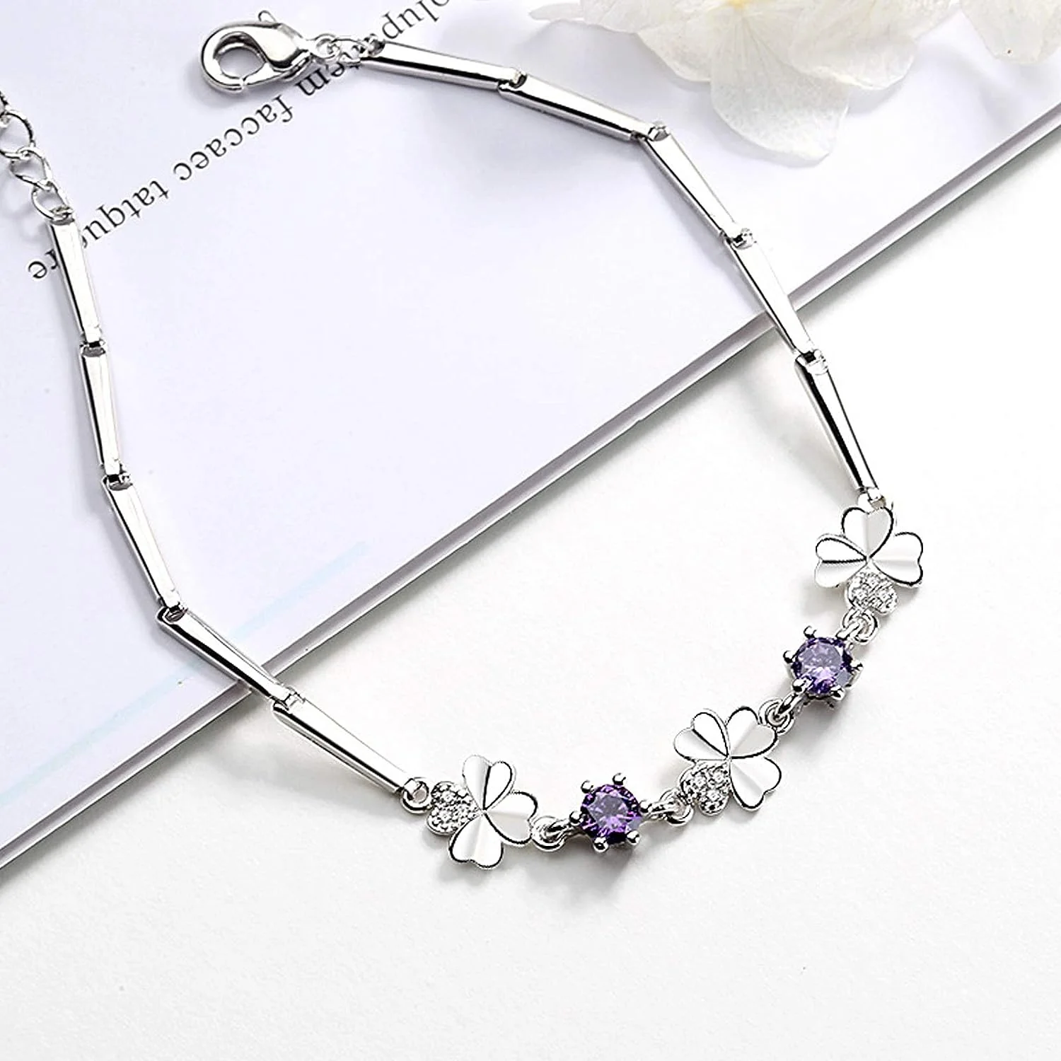 Latest Stylish Silver Plated Cubic Zirconia Clover Shaper Charm Bracelet For Women, Gifts For Girlfriend, Women & Girls (Purple) - Image 5