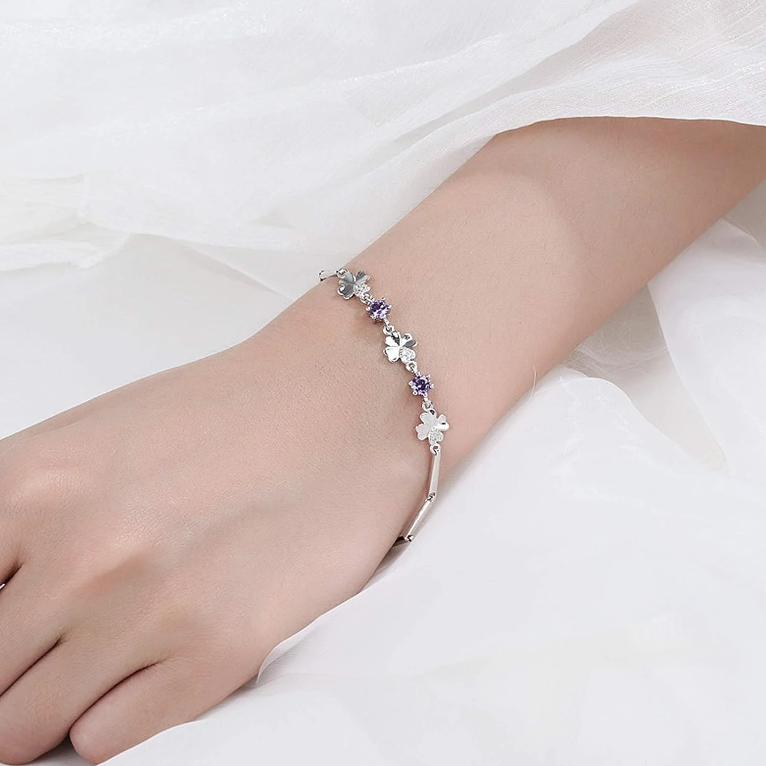 Latest Stylish Silver Plated Cubic Zirconia Clover Shaper Charm Bracelet For Women, Gifts For Girlfriend, Women & Girls (Purple) - Image 6