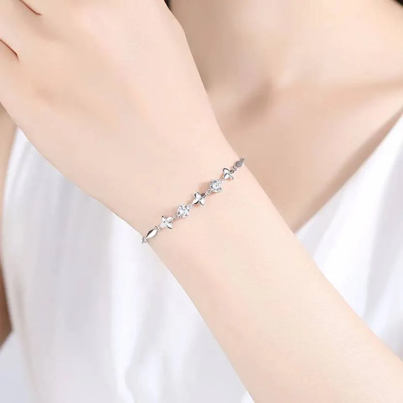 Latest Stylish Silver Plated Cubic Zirconia Clover Shaper Charm Bracelet For Women, Gifts For Girlfriend, Women & Girls (White) - Image 3