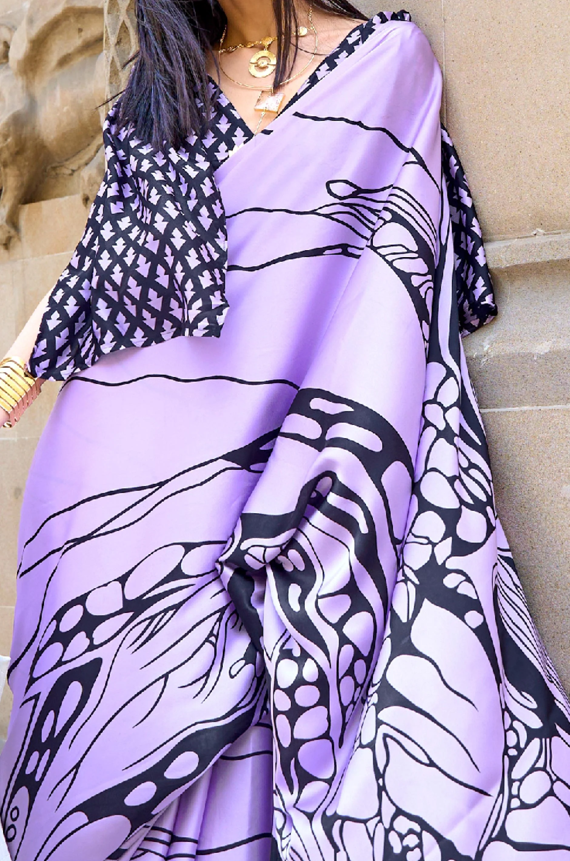 Lavender Digital Print Satin Crepe Saree - Image 3