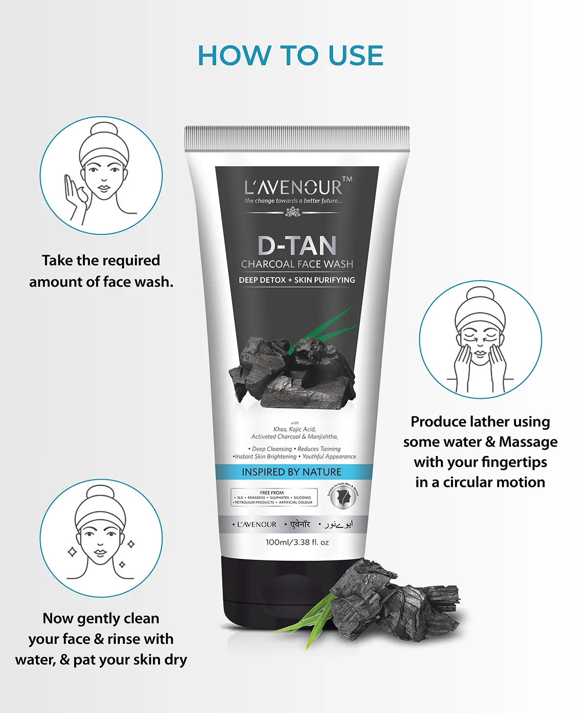 L'avenour D-Tan Charcoal Face Wash - 100ml - Image 5