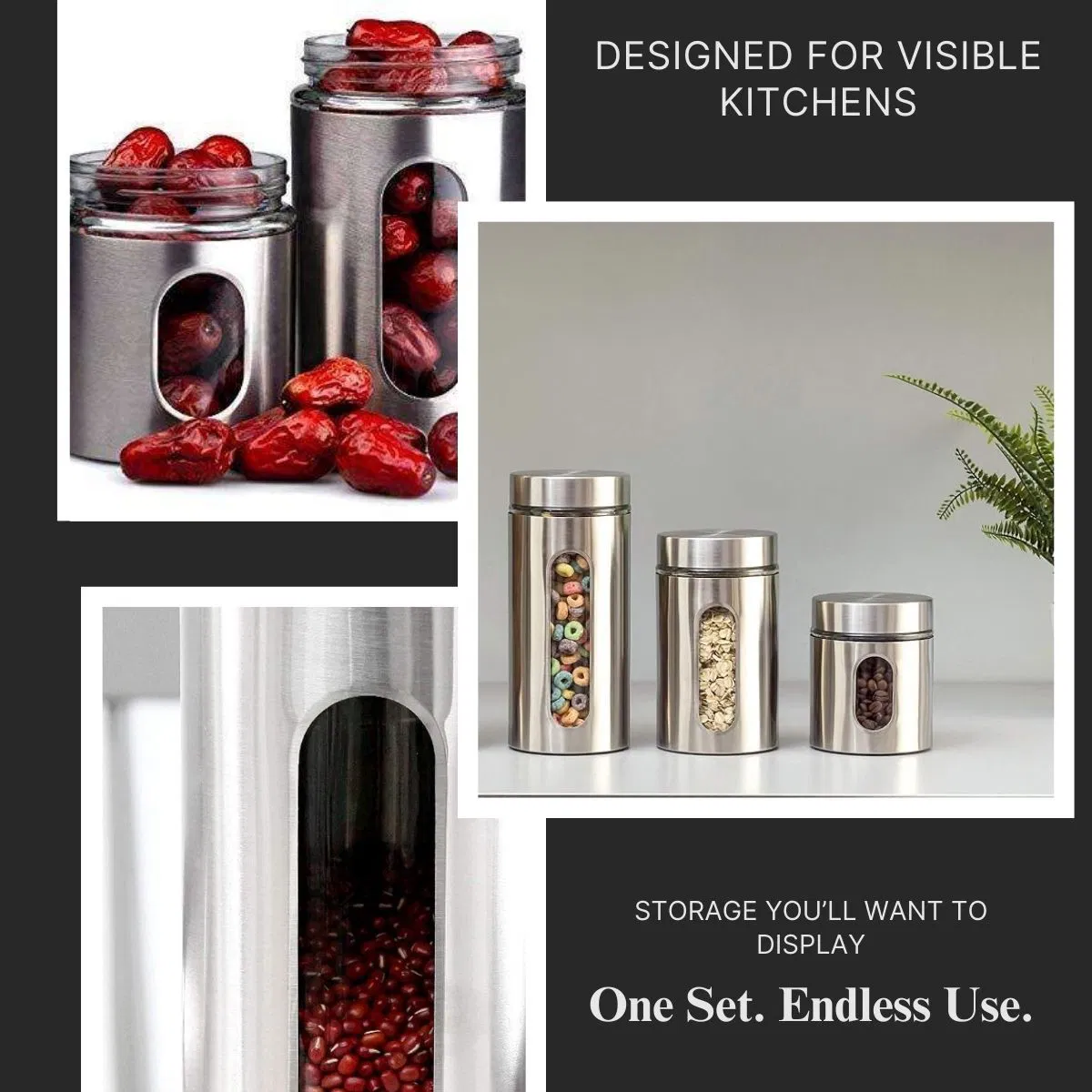 LA'VITE Stainless Steel & Glass Window Canister Set of 3 (300ml, 550ml, 800ml) – Airtight Premium Kitchen Storage Containers - Image 6