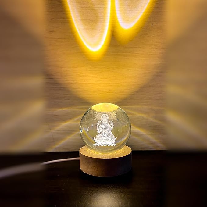 Laxmi: 3D LED Laxmi Ji Crystal Ball Night Lamp with USB-Powered Glow & Wooden Base for Mandir, Home & Office Décor - Image 2
