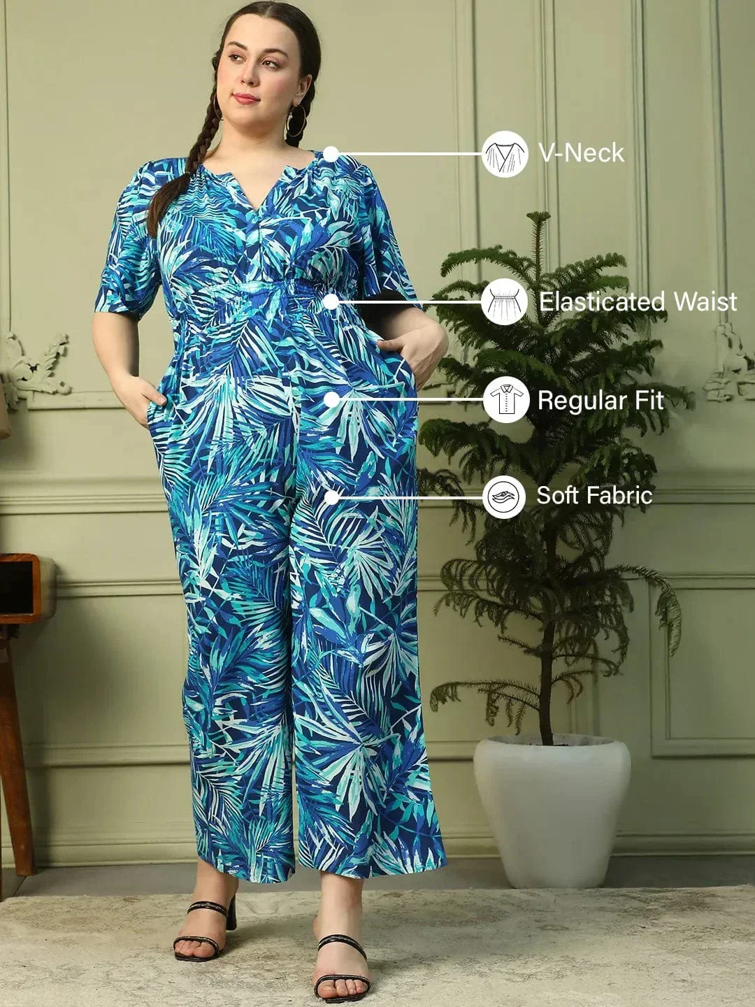 Leading Blue Floral Print Short Sleeve Elasticated Plus Size Women Jumpsuit - Image 2