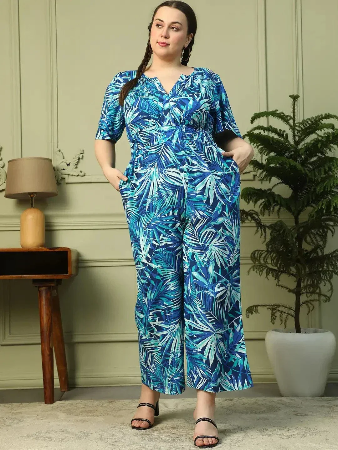 Leading Blue Floral Print Short Sleeve Elasticated Plus Size Women Jumpsuit - Image 3