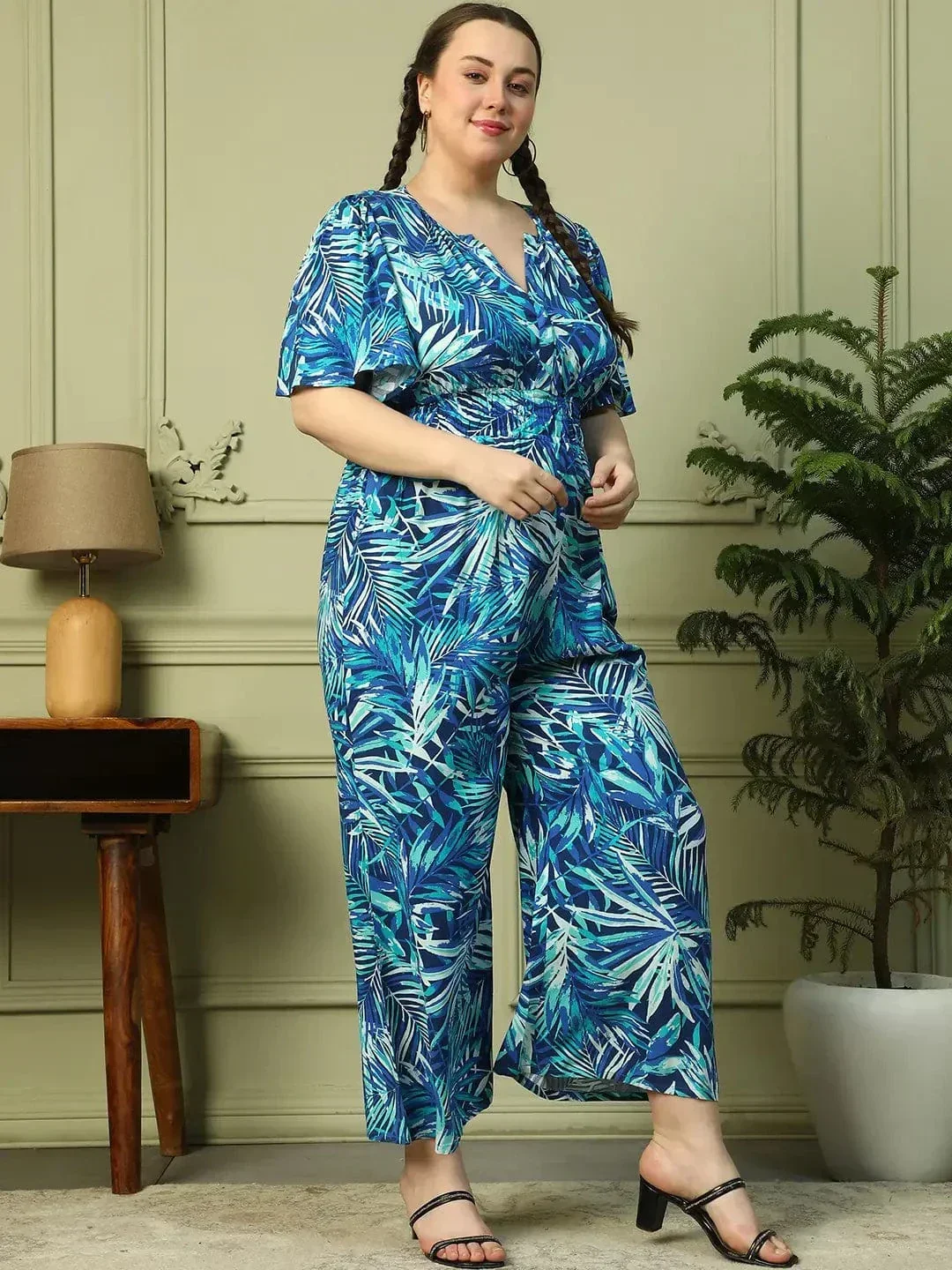 Leading Blue Floral Print Short Sleeve Elasticated Plus Size Women Jumpsuit - Image 6