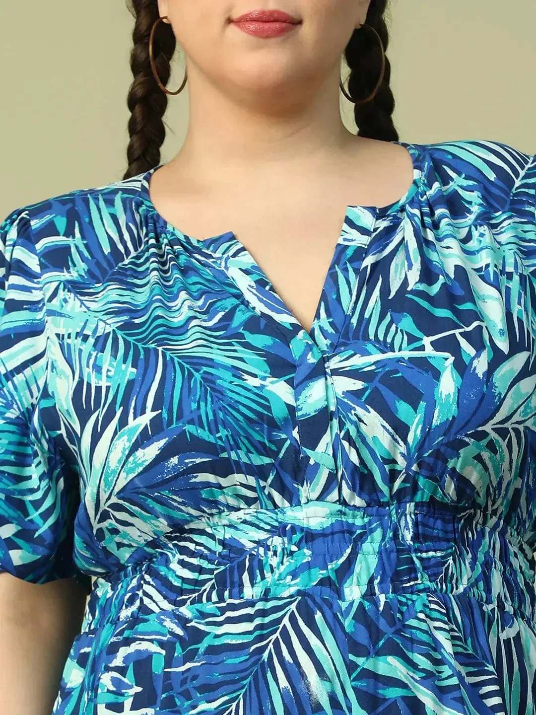 Leading Blue Floral Print Short Sleeve Elasticated Plus Size Women Jumpsuit - Image 8