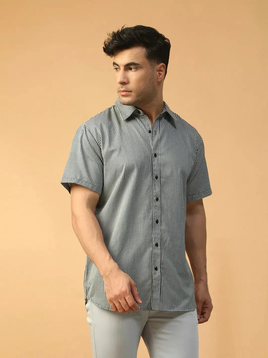 Legend Black Stripe Print Collared Short Sleeve Men Oversized Cotton Shirt - Image 5
