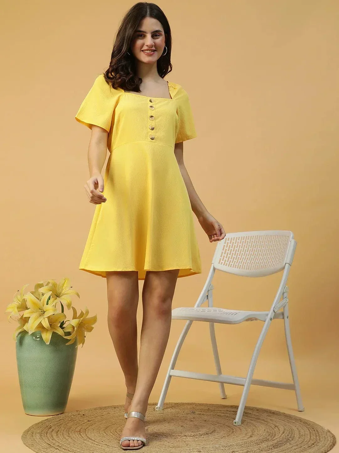 Lemon Yellow Horn Button Detailed Above Knee-Length Women Dress - Image 3