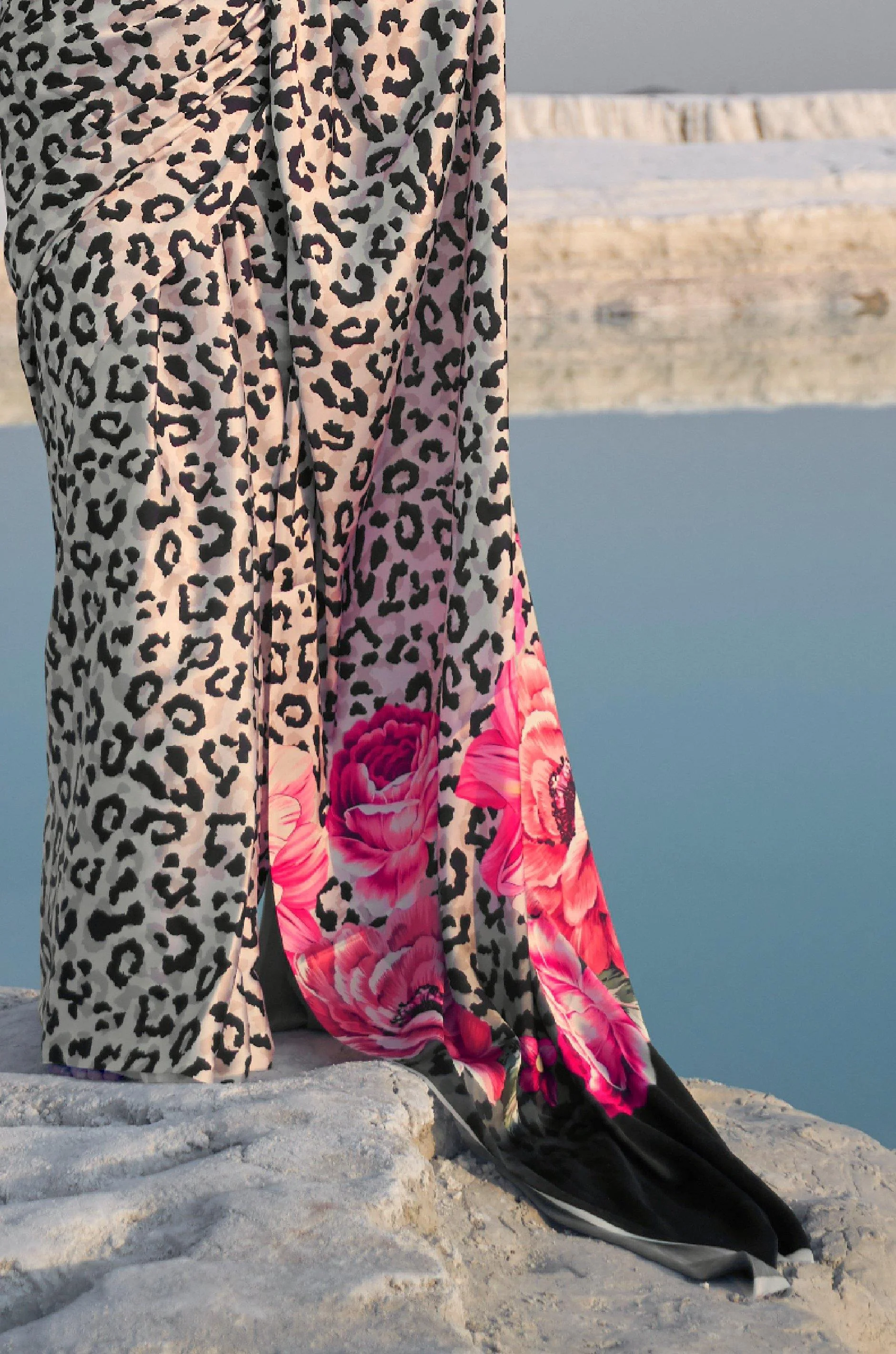 Leopard Digital Print Satin Silk Saree - Image 2
