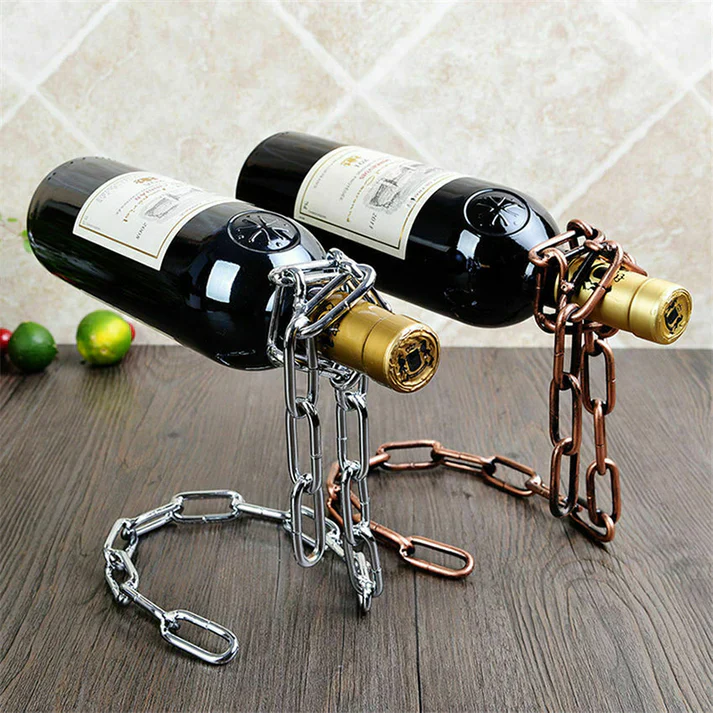 Levino: Optical Illusion Wine Bottle Holder with Floating Chain Design, Tabletop Metal Wine Rack Holder, Unique Home Decor for Bar & Kitchen - Image 2