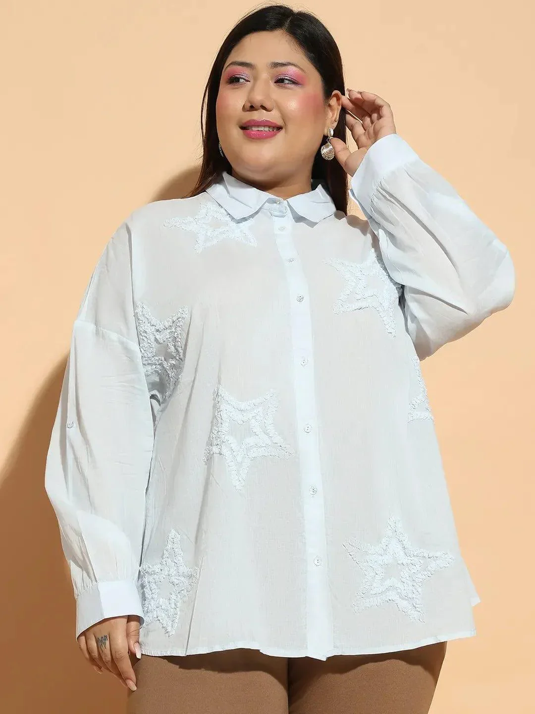 Light Blue Embroidered Collared Long Sleeve Plus Size Cotton Shirt