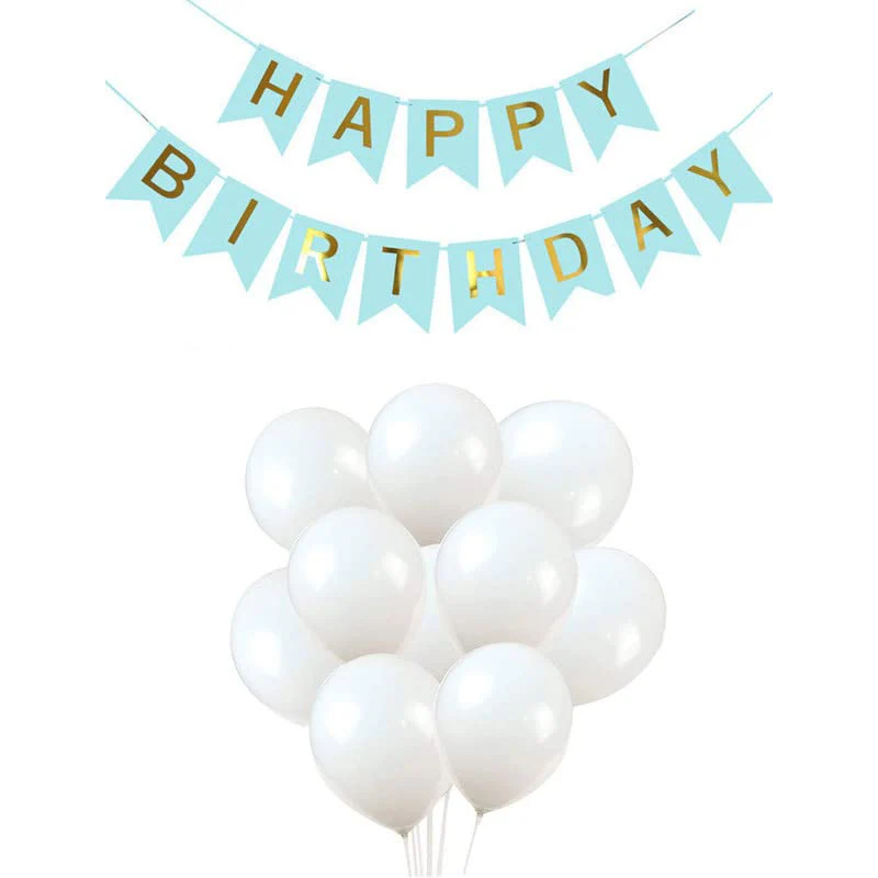 Light Blue Happy Birthday Banner And White Metallic Balloons (Pack of 30)