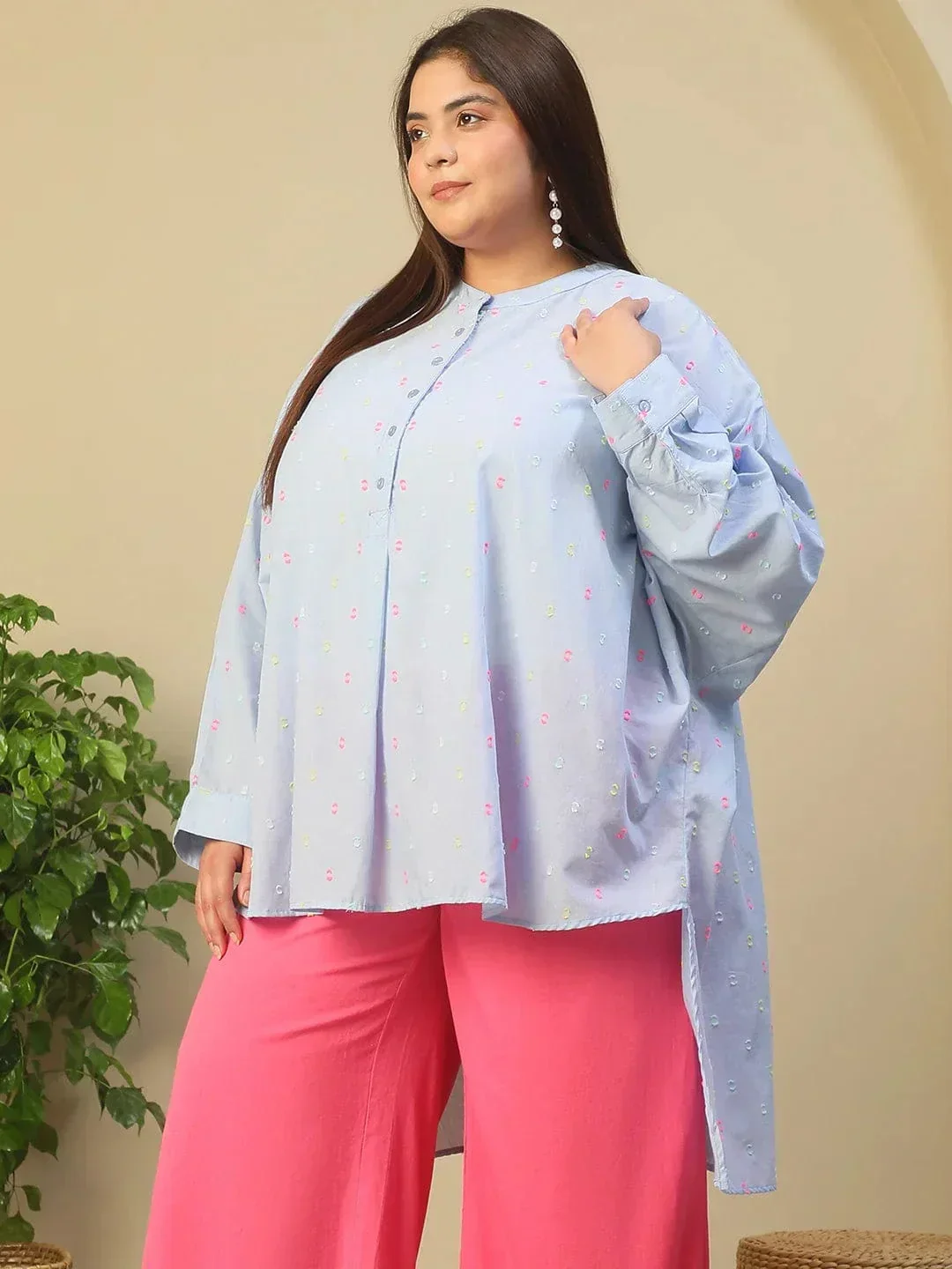 Light Blue Round Neck With Button Placket Long Sleeve High Low Yarn Dyed Dobby Plus Size Women Cotton Tunic - Image 3
