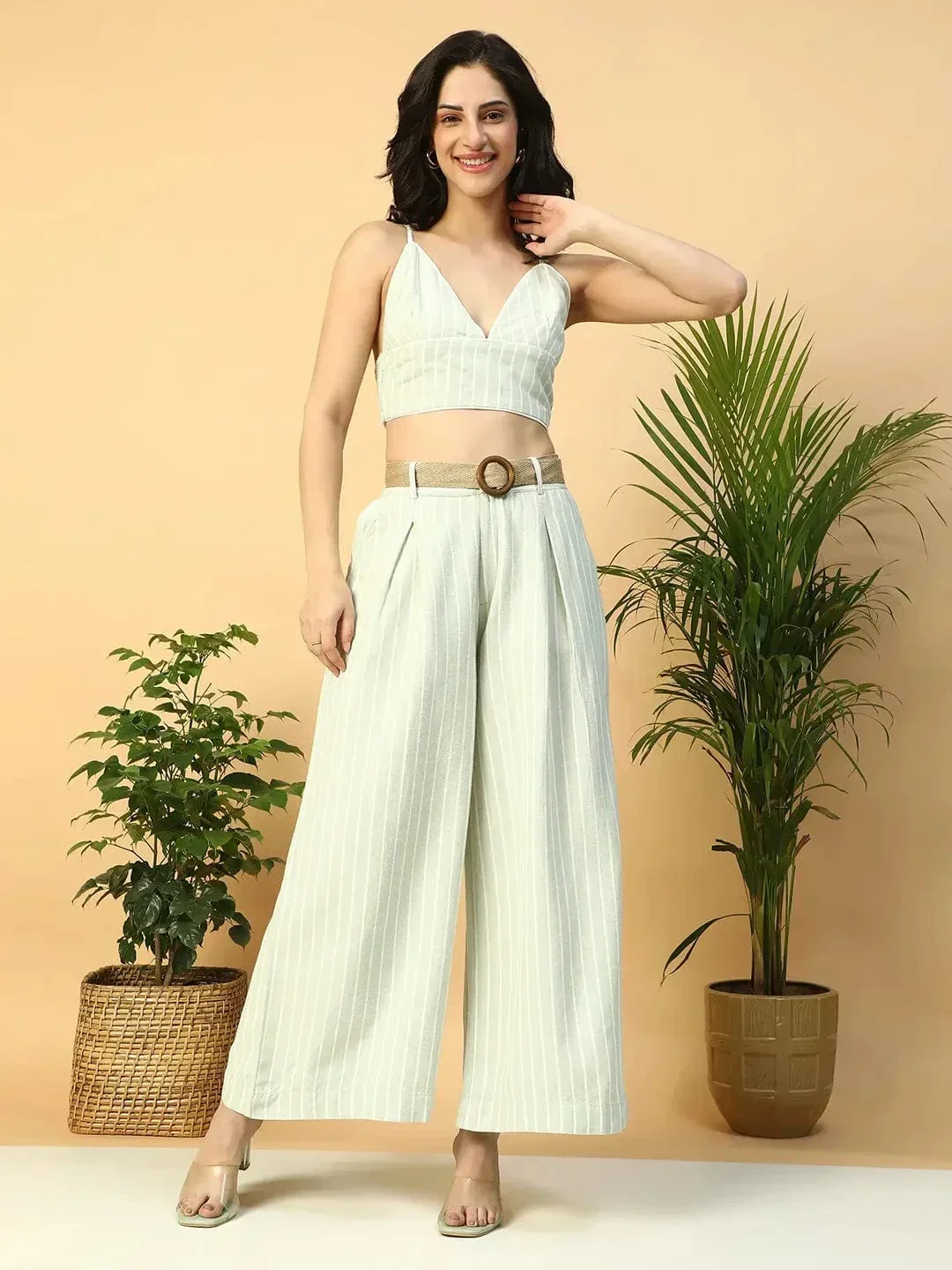 Light Green Elasticated With Button Closure Long Flared Women Pant - Image 2