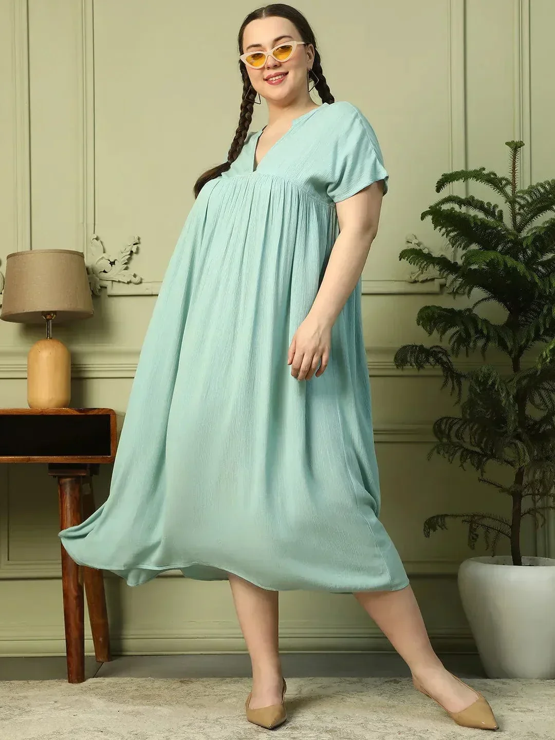 Light Green Short Sleeve Rayon Crepe Long Maxi Plus Size Women Dress - Image 8