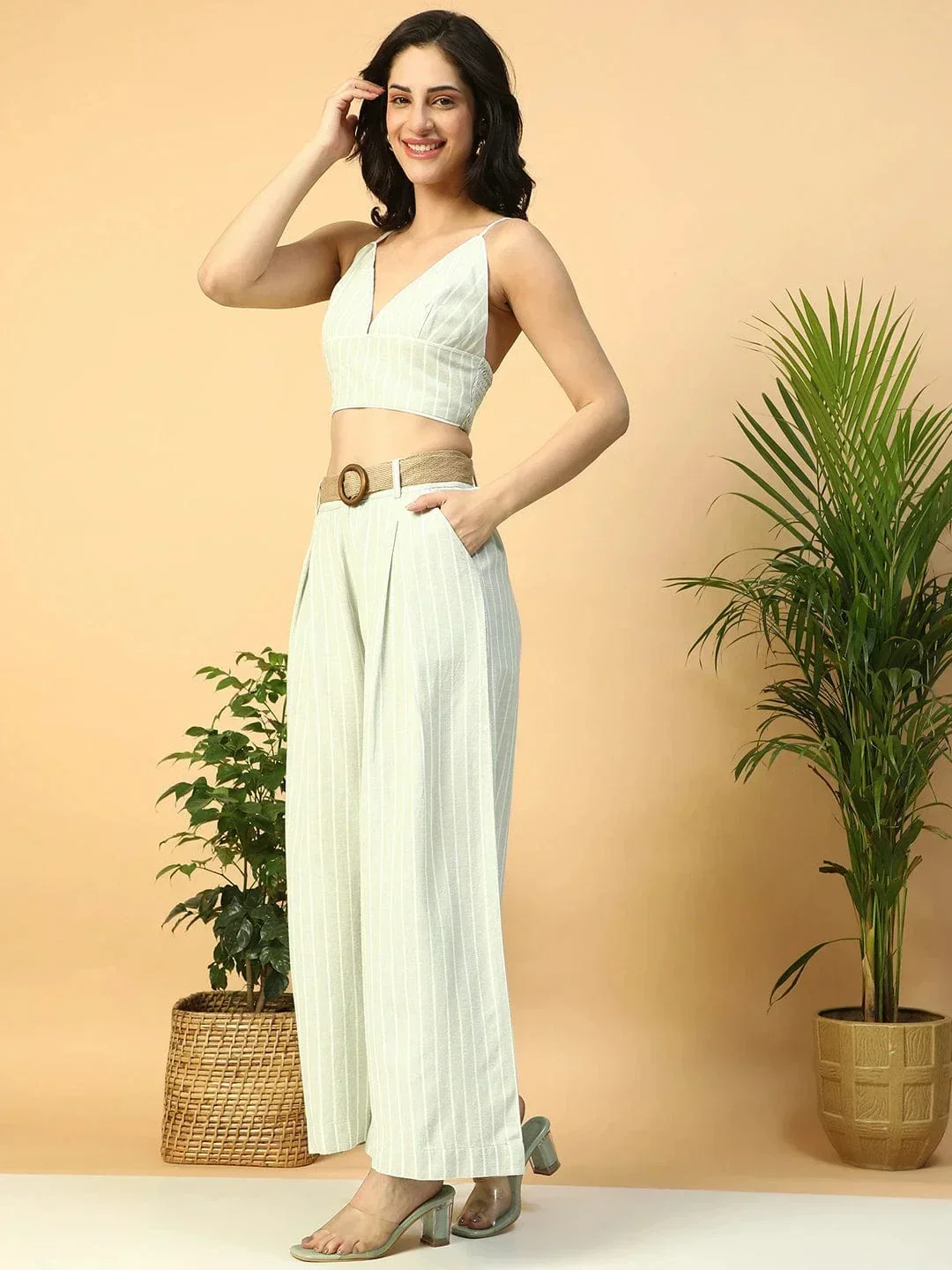 Light Green Stripe Print V-Neck Crop Top With Pant Women Cotton Linen Co-Ord Set - Image 2