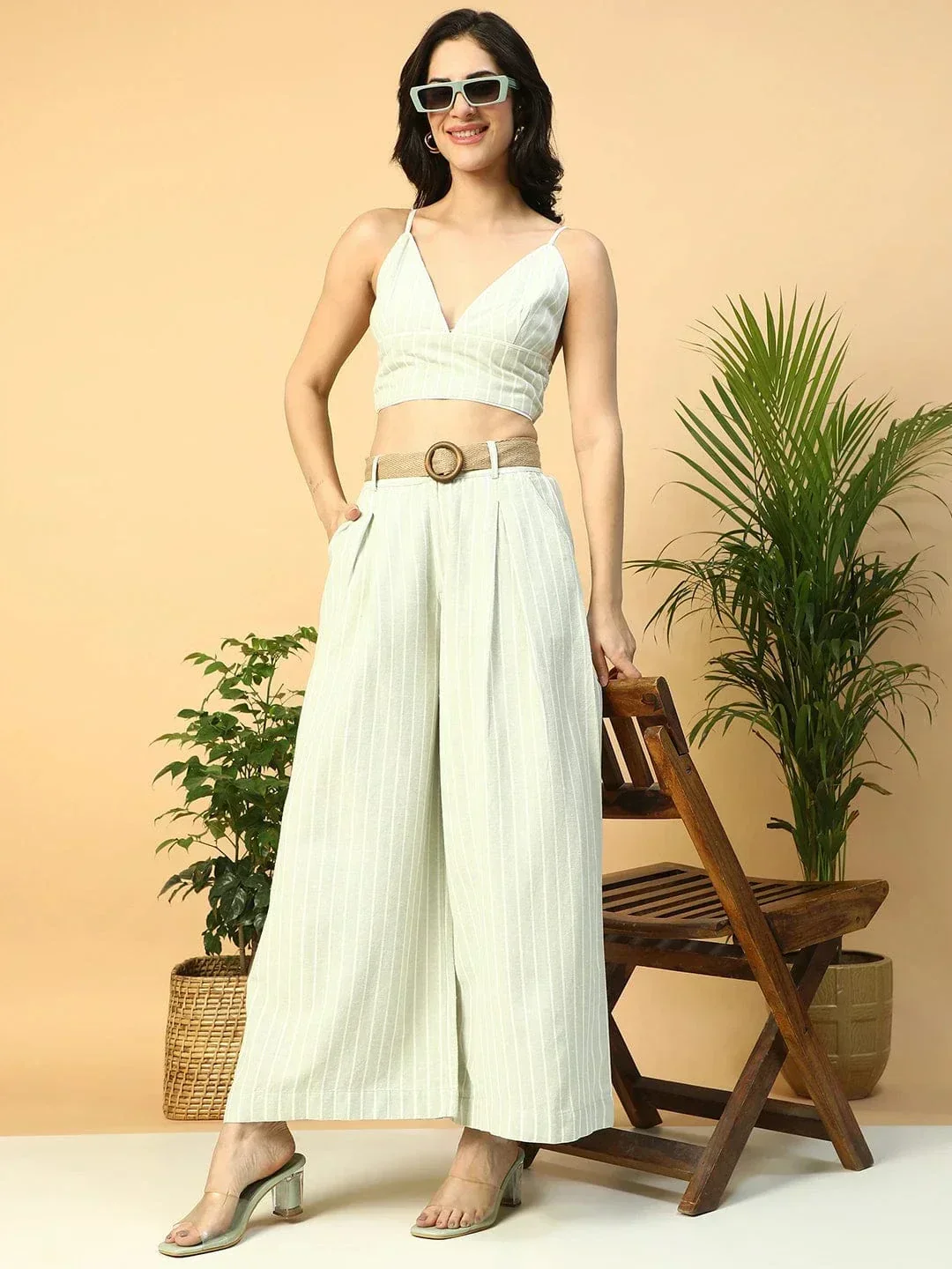 Light Green Stripe Print V-Neck Crop Top With Pant Women Cotton Linen Co-Ord Set - Image 6