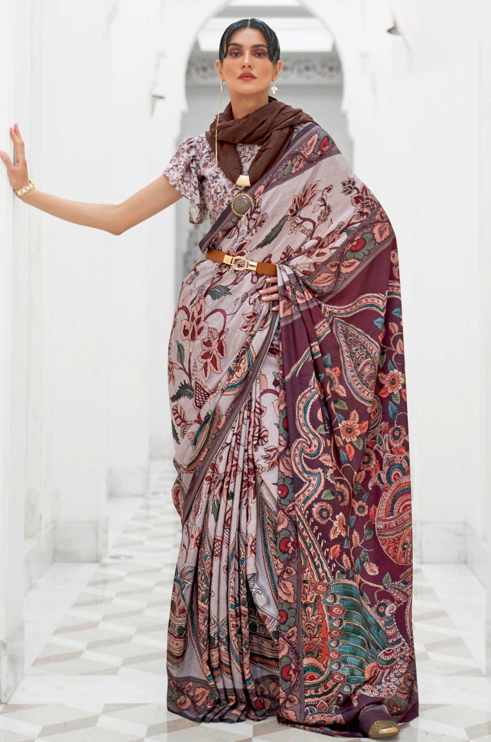 Light Grey Multicolour Satin Crepe Saree