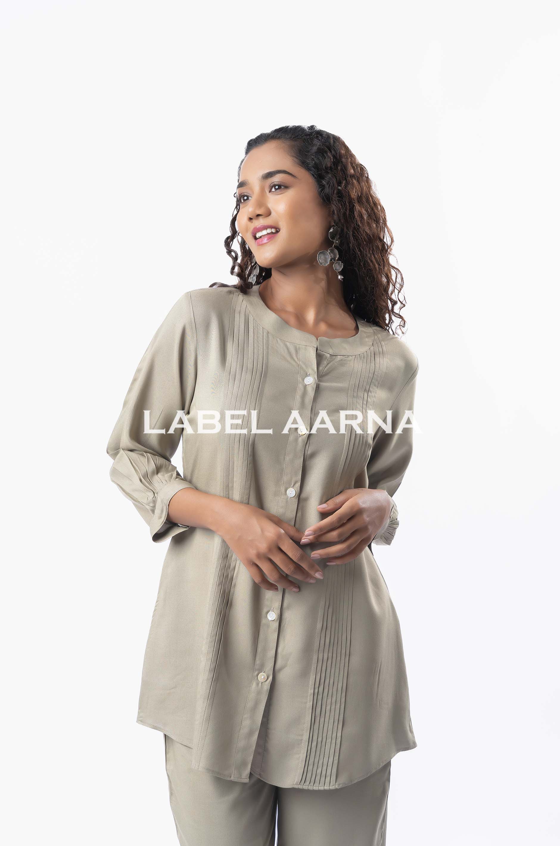 Light Grey Viscose Rayon Pleated Band Collar Straight Fit Co-Ord Set - Image 2
